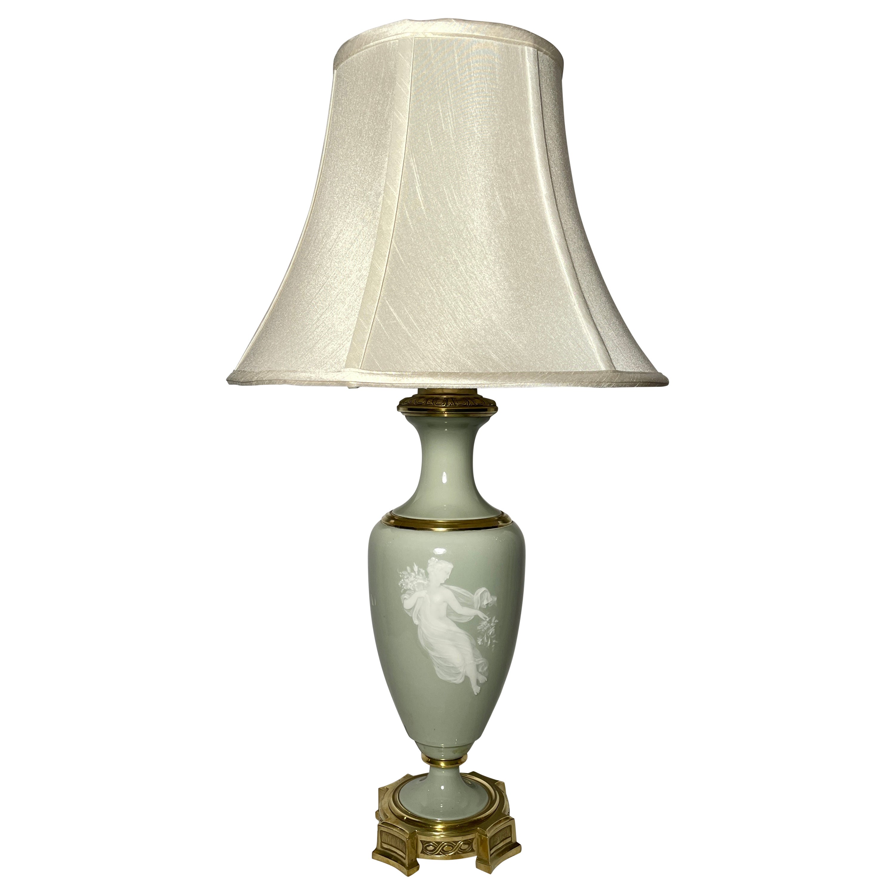 Antique French Celadon "Pate Sur Pate" Porcelain & Gold Bronze Lamp, Circa 1900