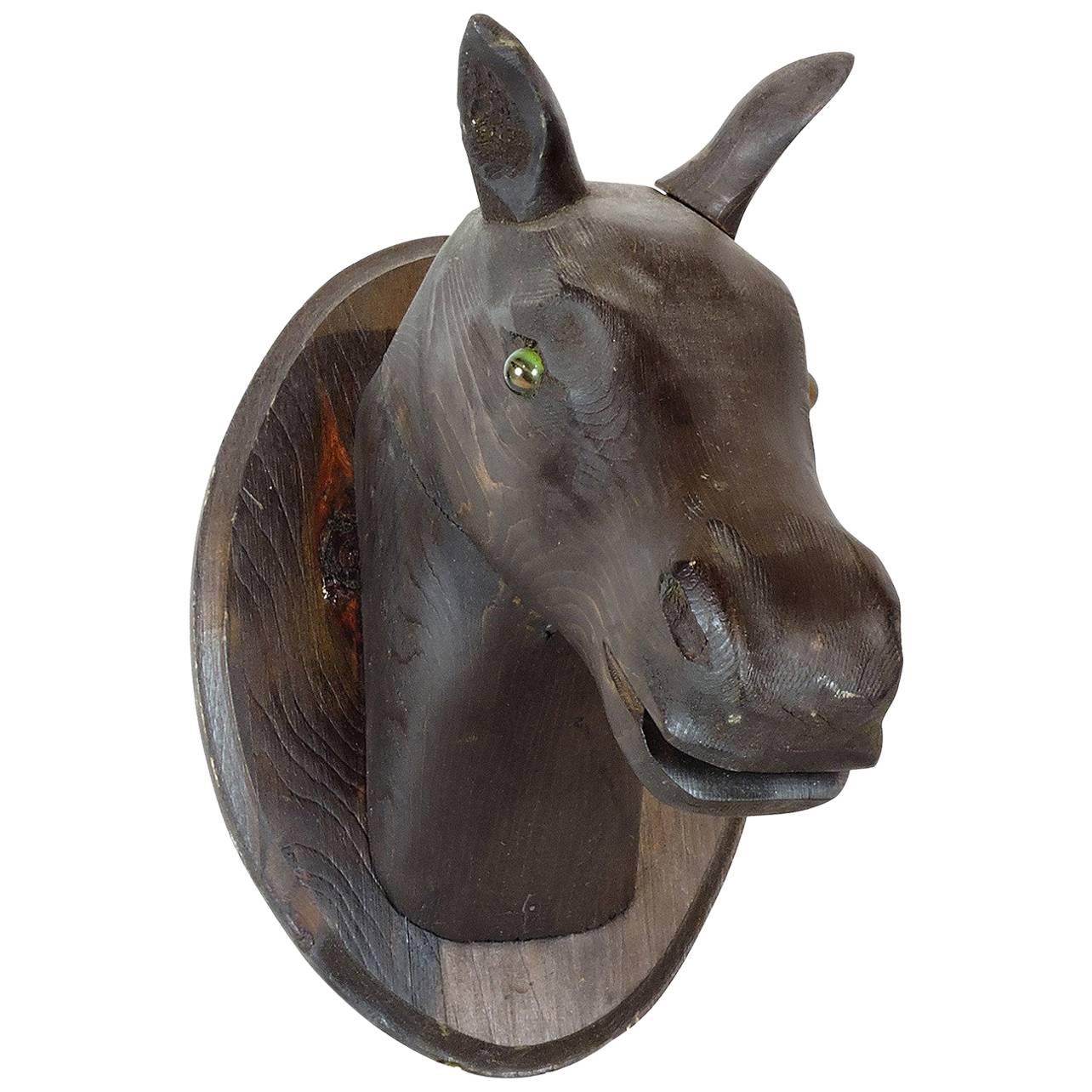Antique Folk Art Carved Mahogany Horse Head Wall Plaque For Sale at 1stDibs