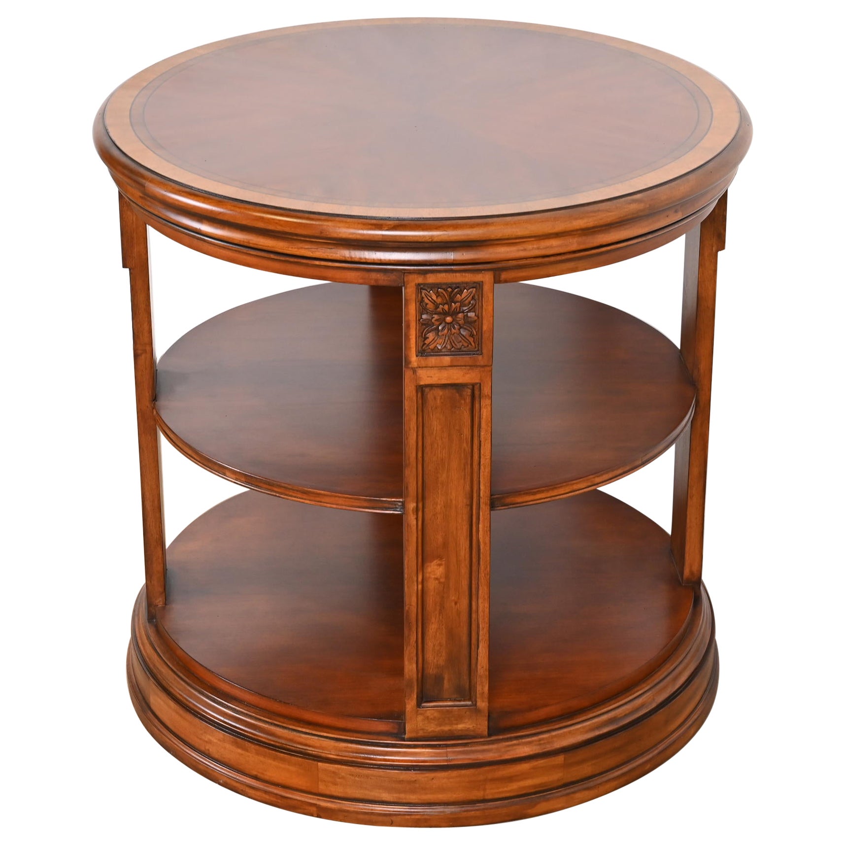 Regency Carved Banded Mahogany Three-Tier Drum Side Table For Sale