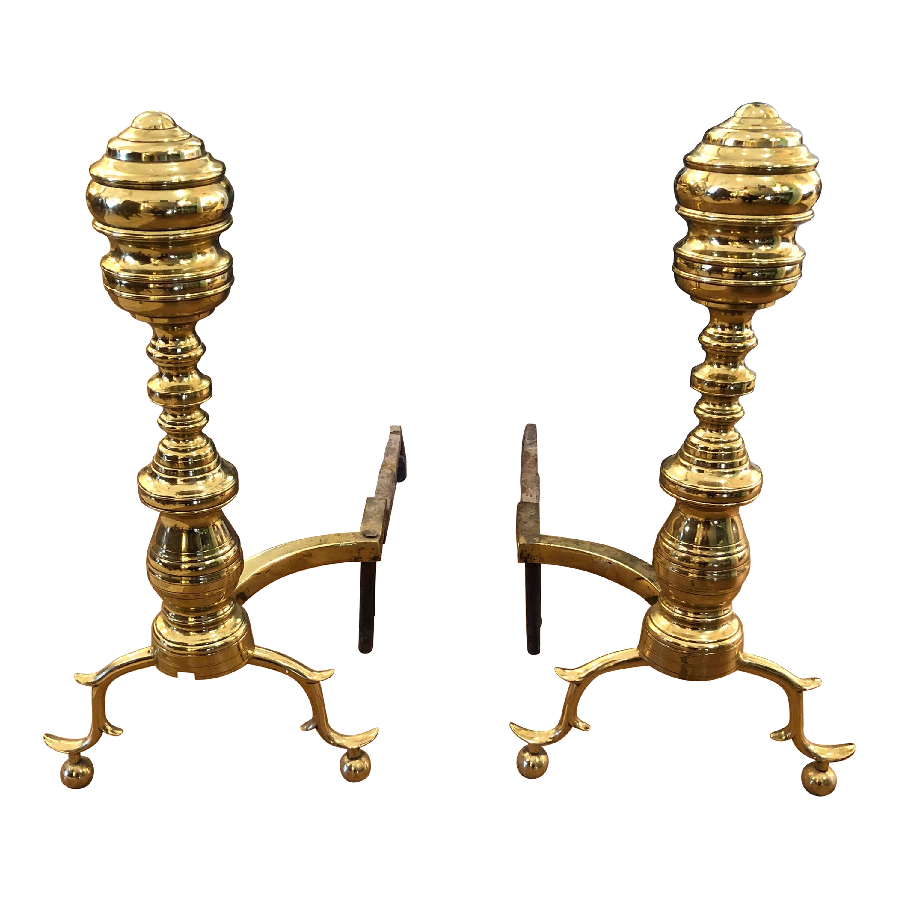 Classic Antique Beehive Chippendale Polished Brass Large Andirons For Sale