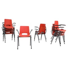 Robin Day Inspired Red Plastic Stacking Arm Chairs with Gray Metal Legs