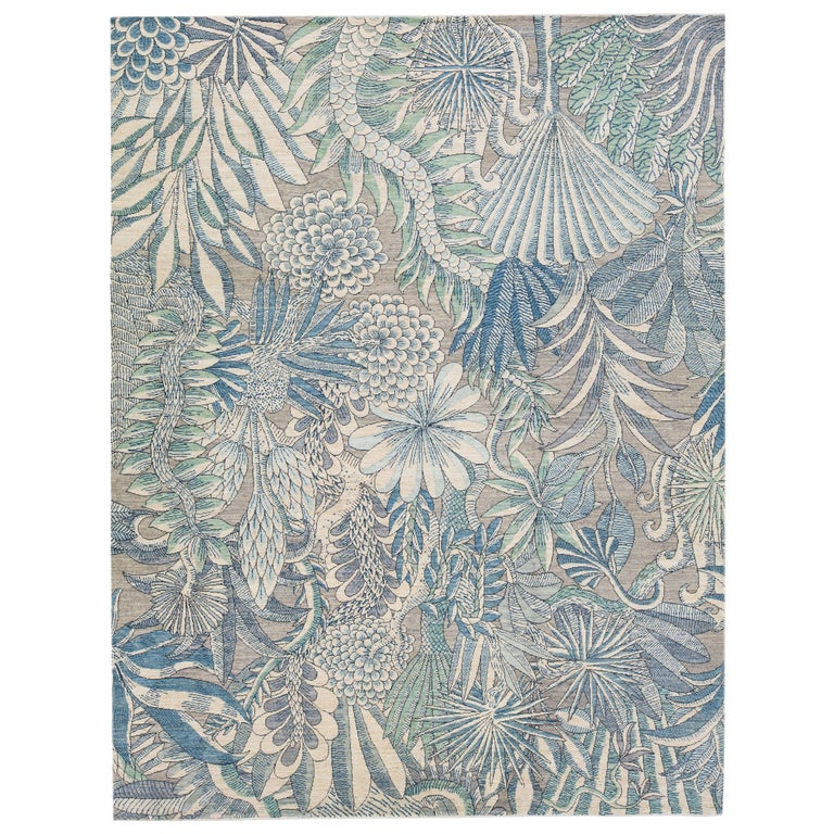 Gray Modern Transitional Handmade Wool Rug with Retro Bloom Design For ...