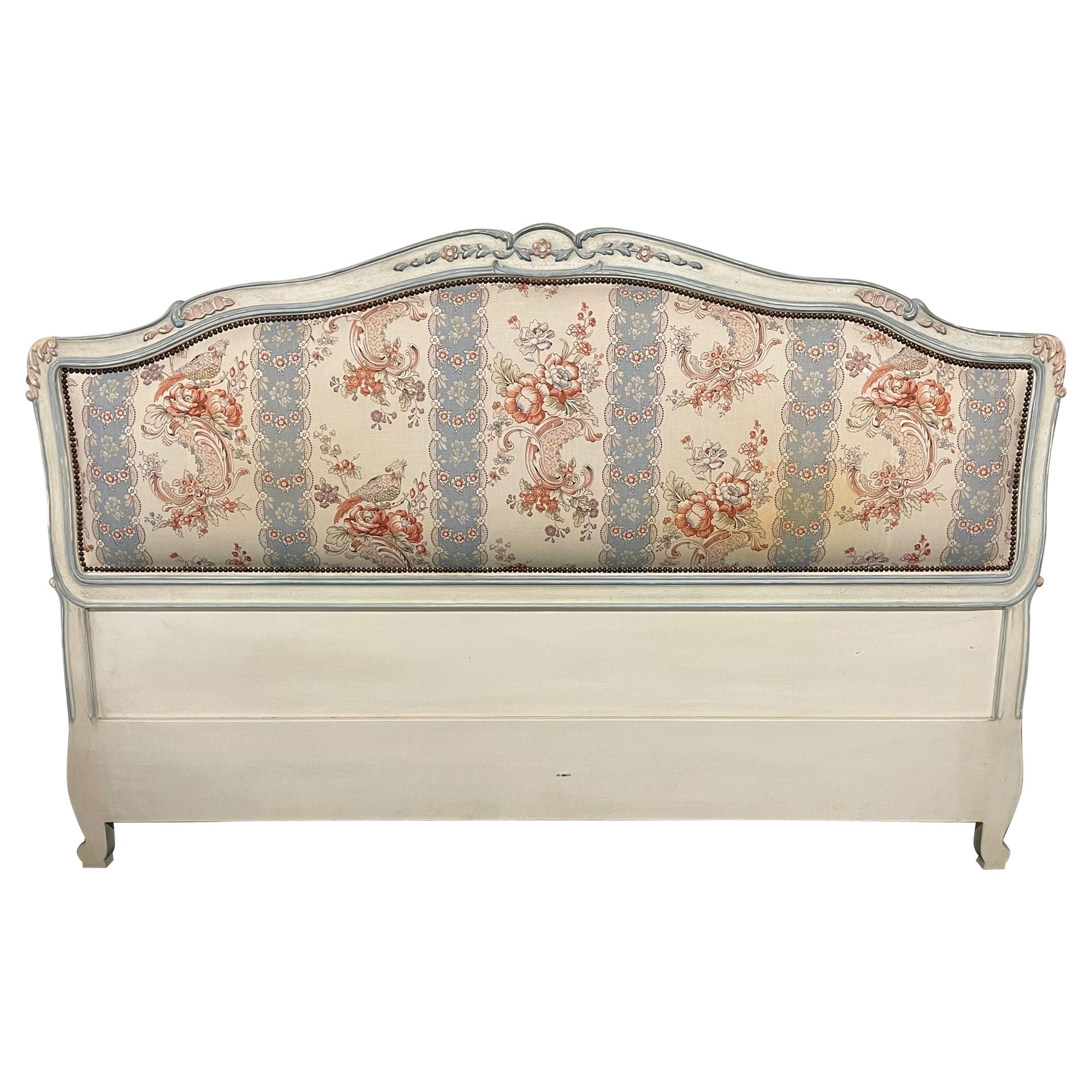 Italian Hand Painted Pastel King Size Upholstered Headboard, Bedframe For Sale
