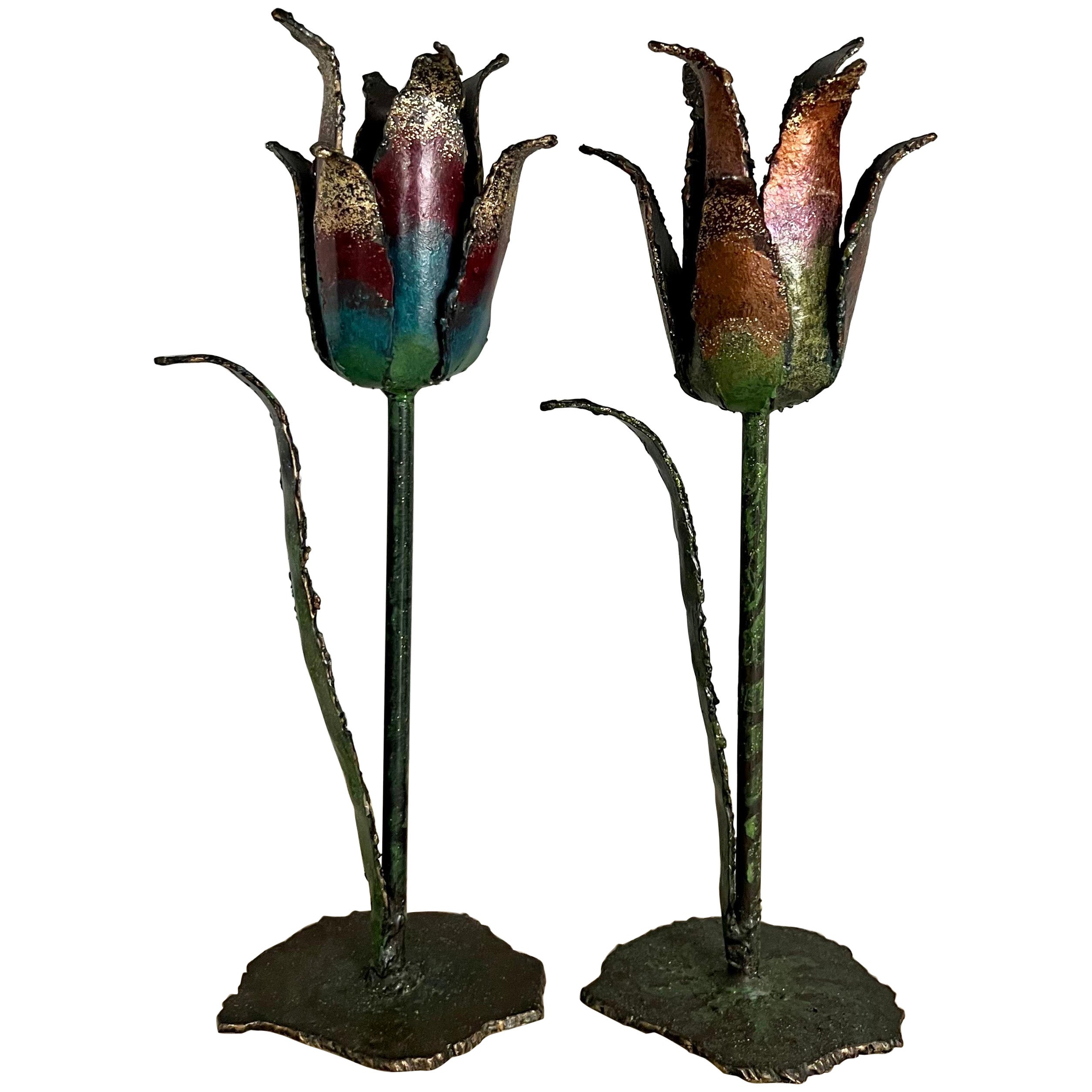 Mid-Century Hand-Made Iron Candlesticks, Pair  For Sale