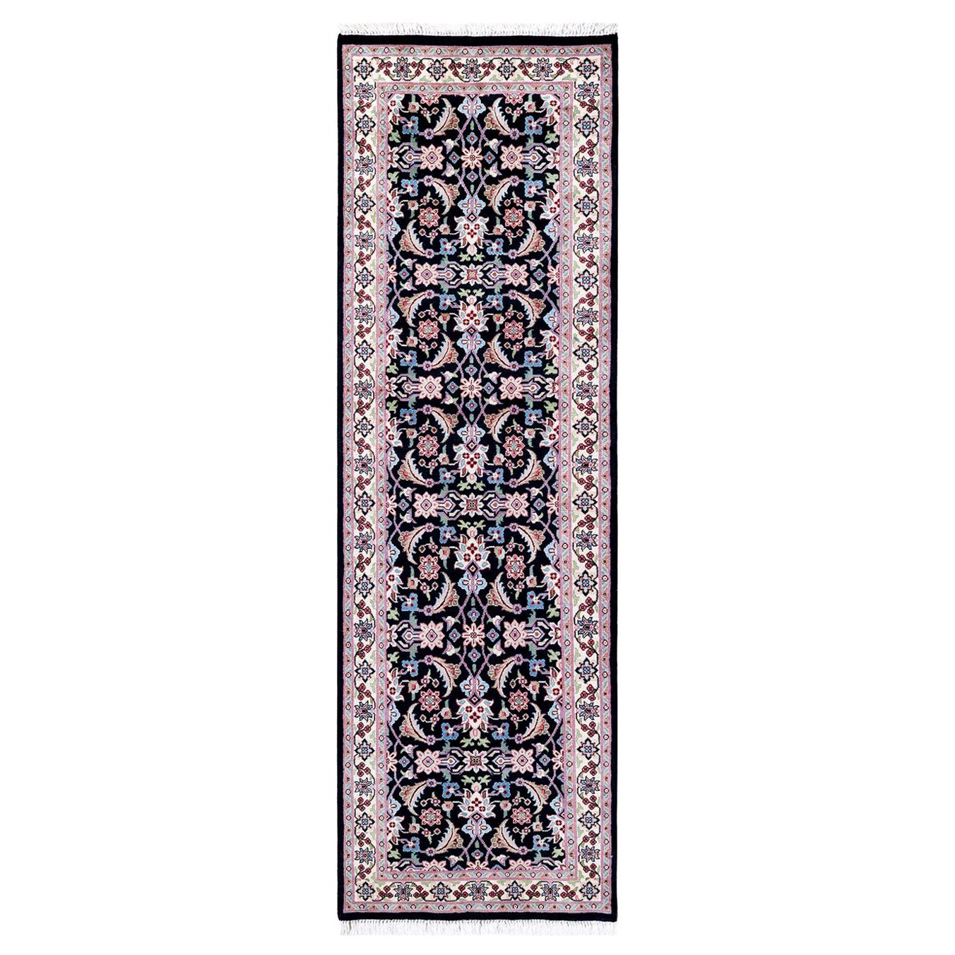 One of a Kind Hand Knotted Traditional Oriental Mogul Black Runner Area Rug For Sale