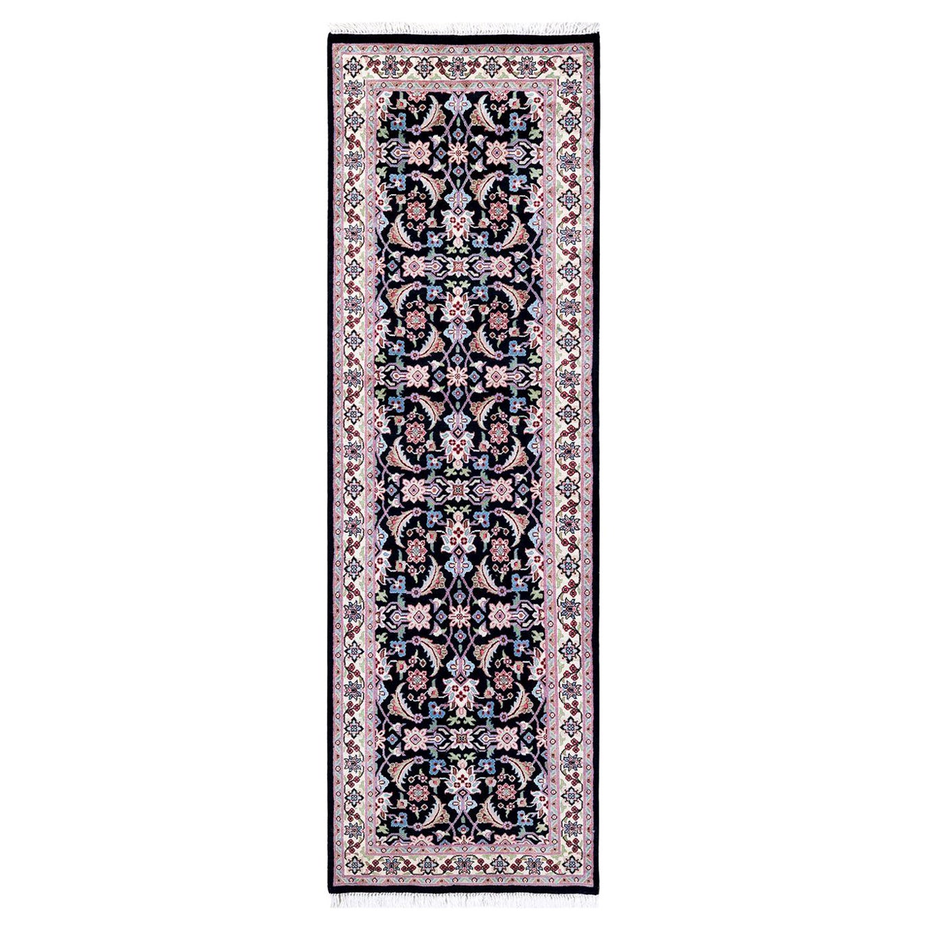 One of a Kind Hand Knotted Traditional Oriental Mogul Black Runner Area Rug