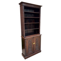 Antique English Bookcase Display Shelf Cabinet Two-Piece Carved Oak c. 1920s