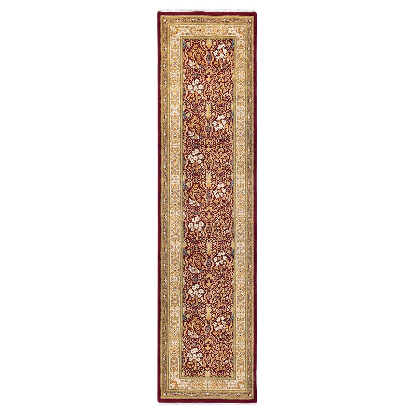 One of a Kind Hand Knotted Traditional Oriental Mogul Red Runner Area Rug