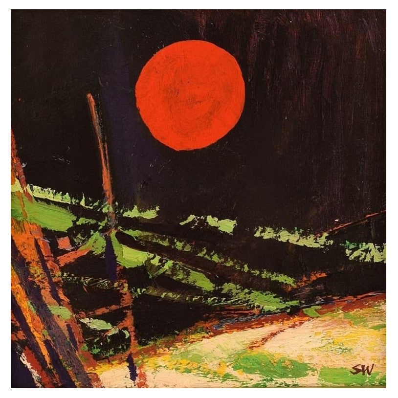 Artista sueco desconocido, Óleo sobre tabla, Paisaje nocturno abstracto, años 60