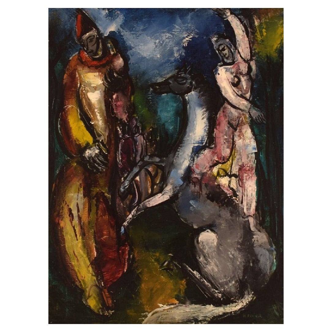 Hélène Azenor '1910-1999', French Artist, Oil on Canvas, Modern Circus Scene For Sale