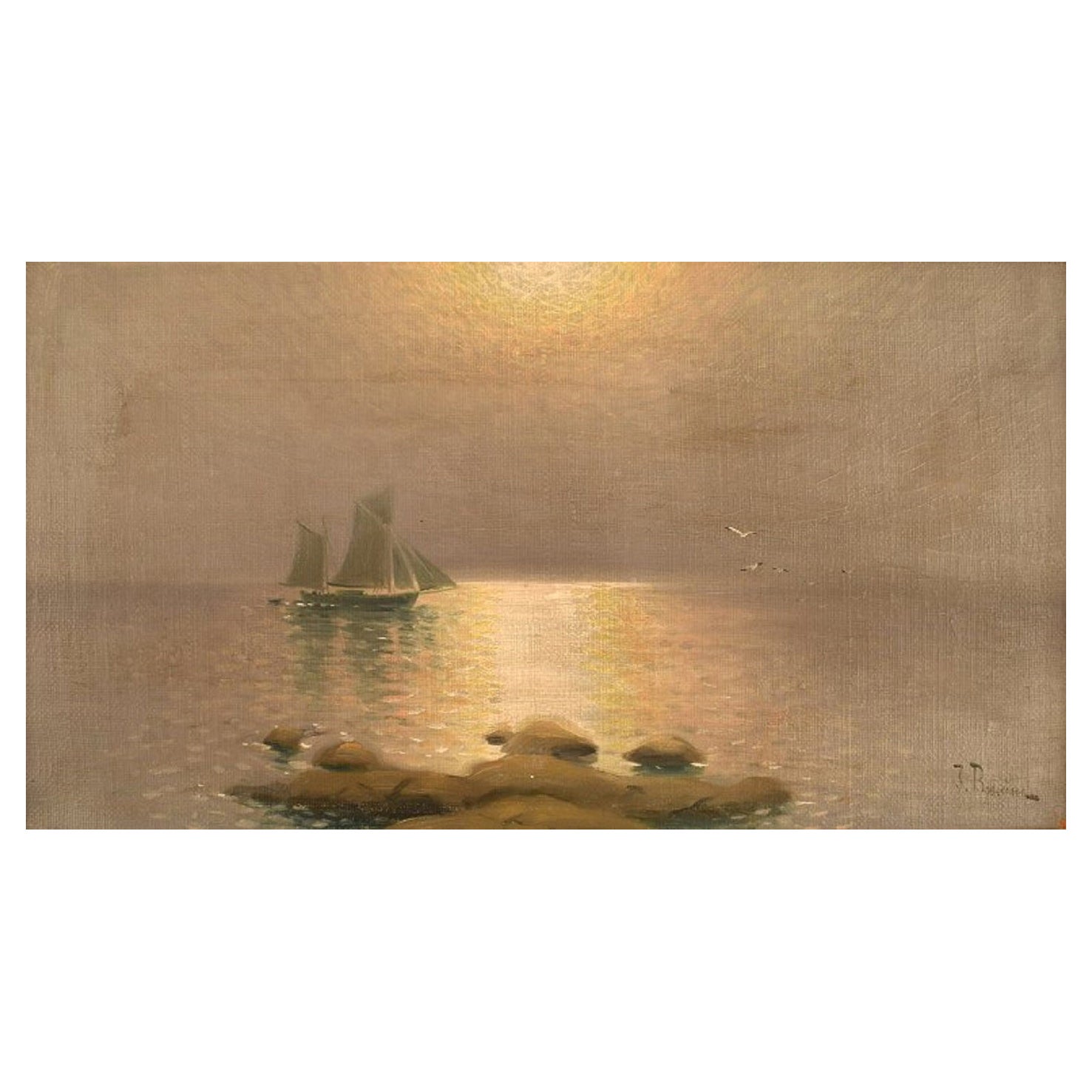 Johan Boström, Swedish Artist, Oil on Canvas, Sail Boat at Sea, Early 20th C