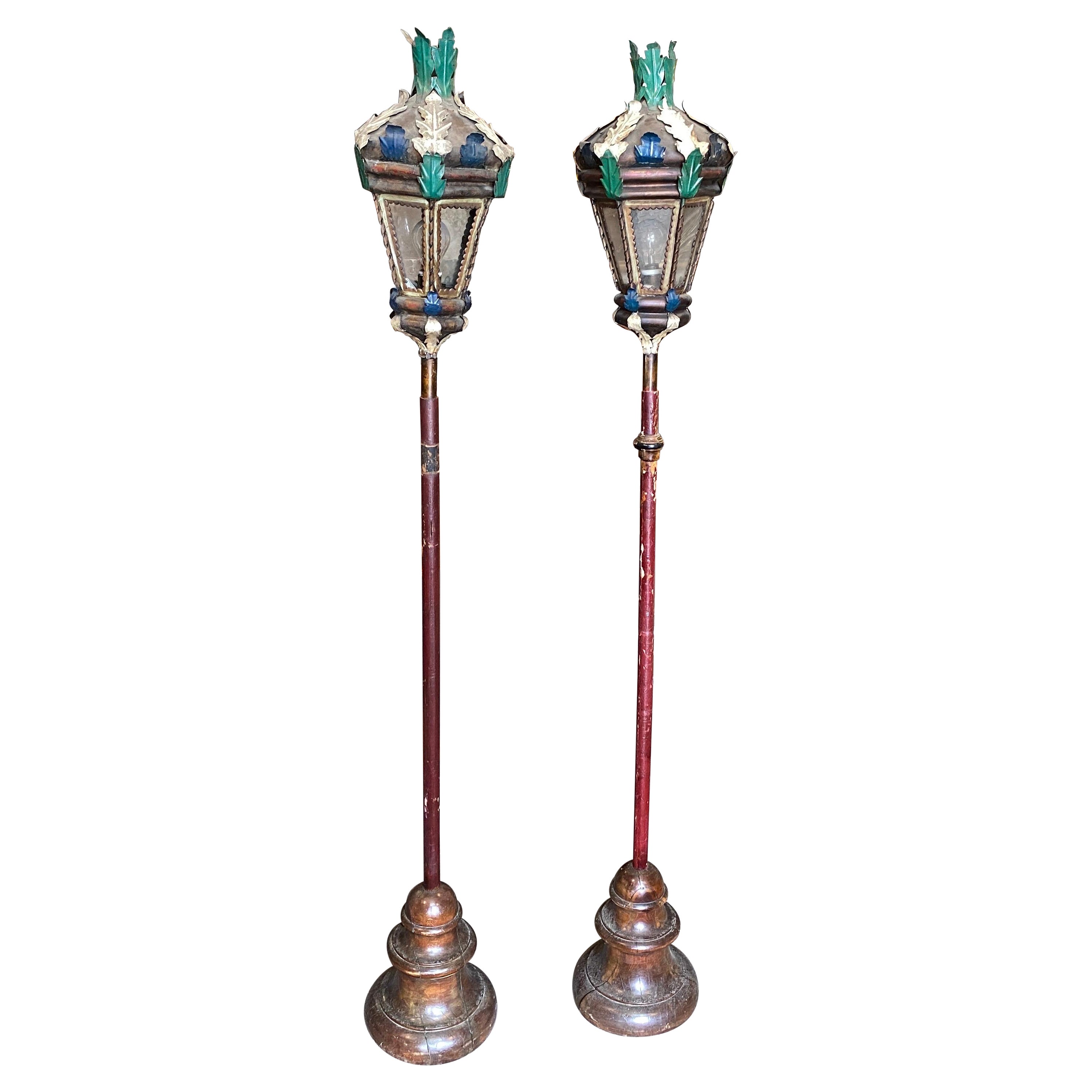 1850s Pair of wood and painted iron religious parade lampposts  For Sale