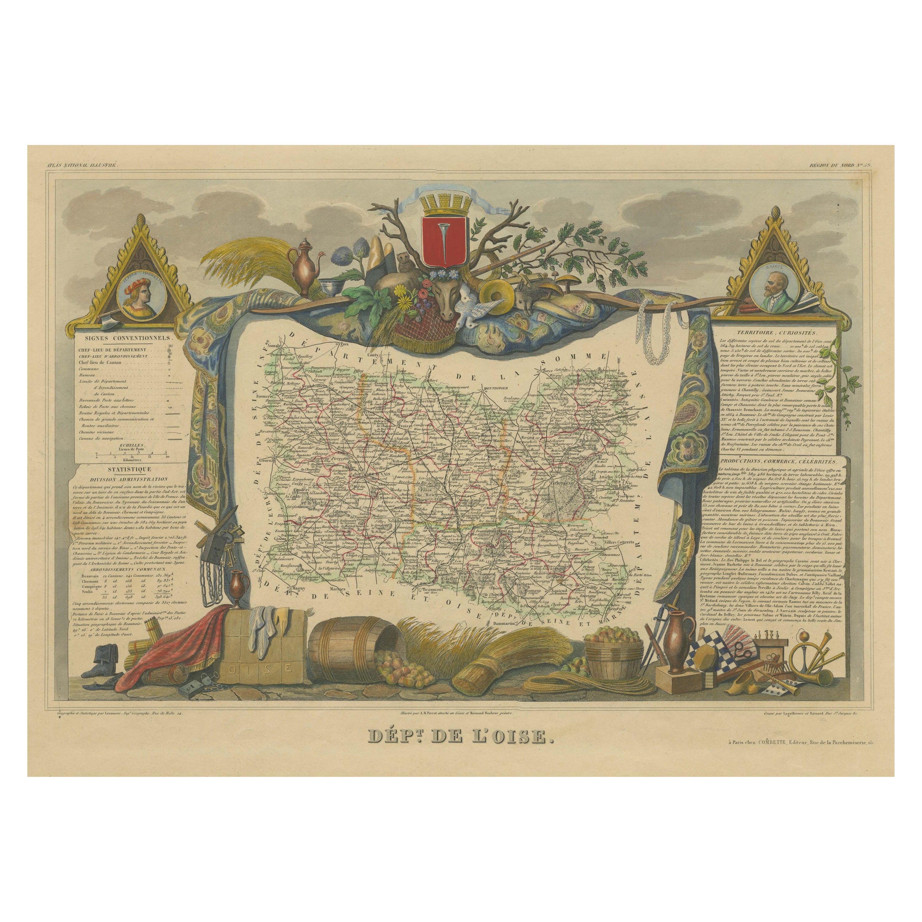 Hand Colored Antique Map of the Department of Oise, France For Sale