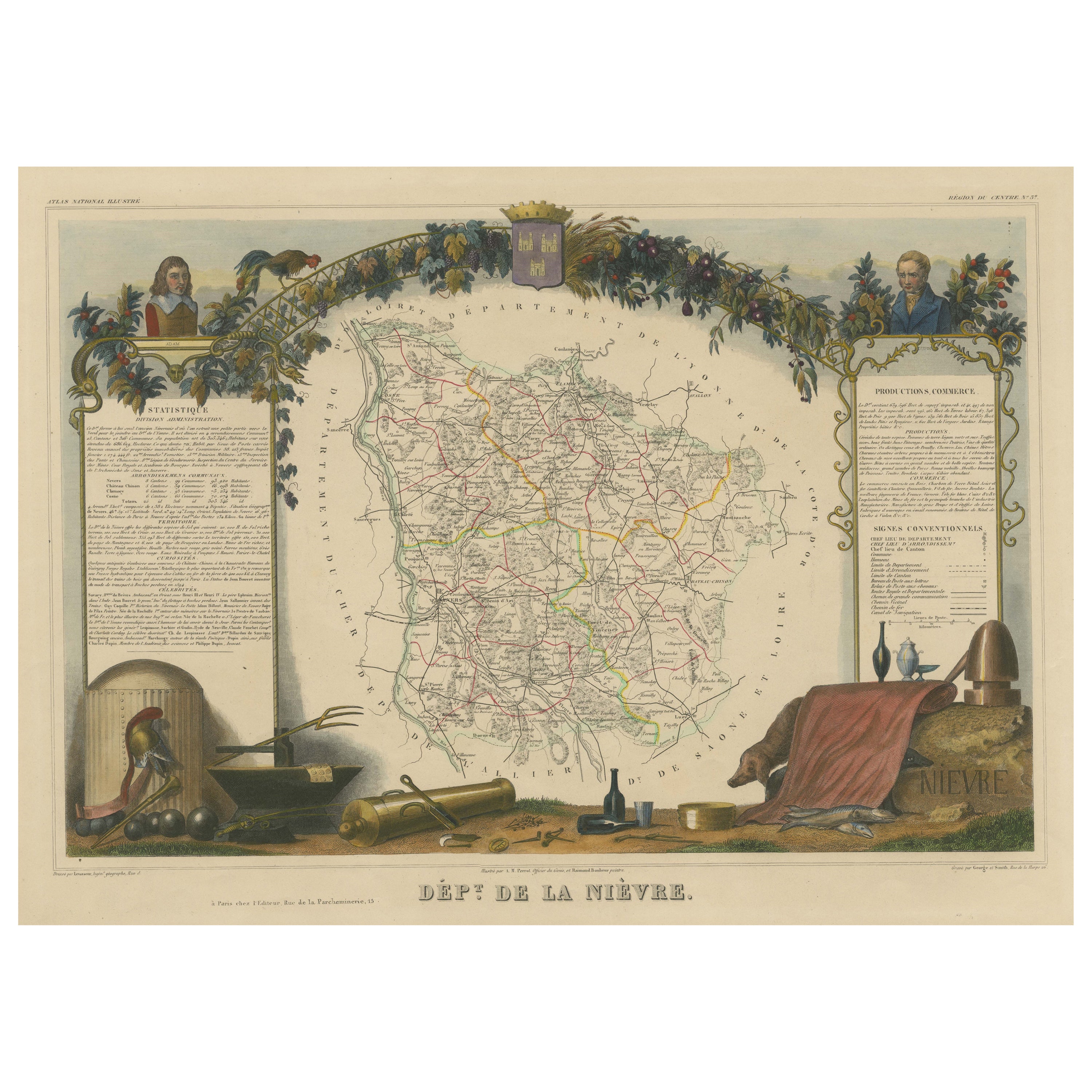 Mapa Antiguo Coloreado a Mano del Departamento de Nièvre, Francia