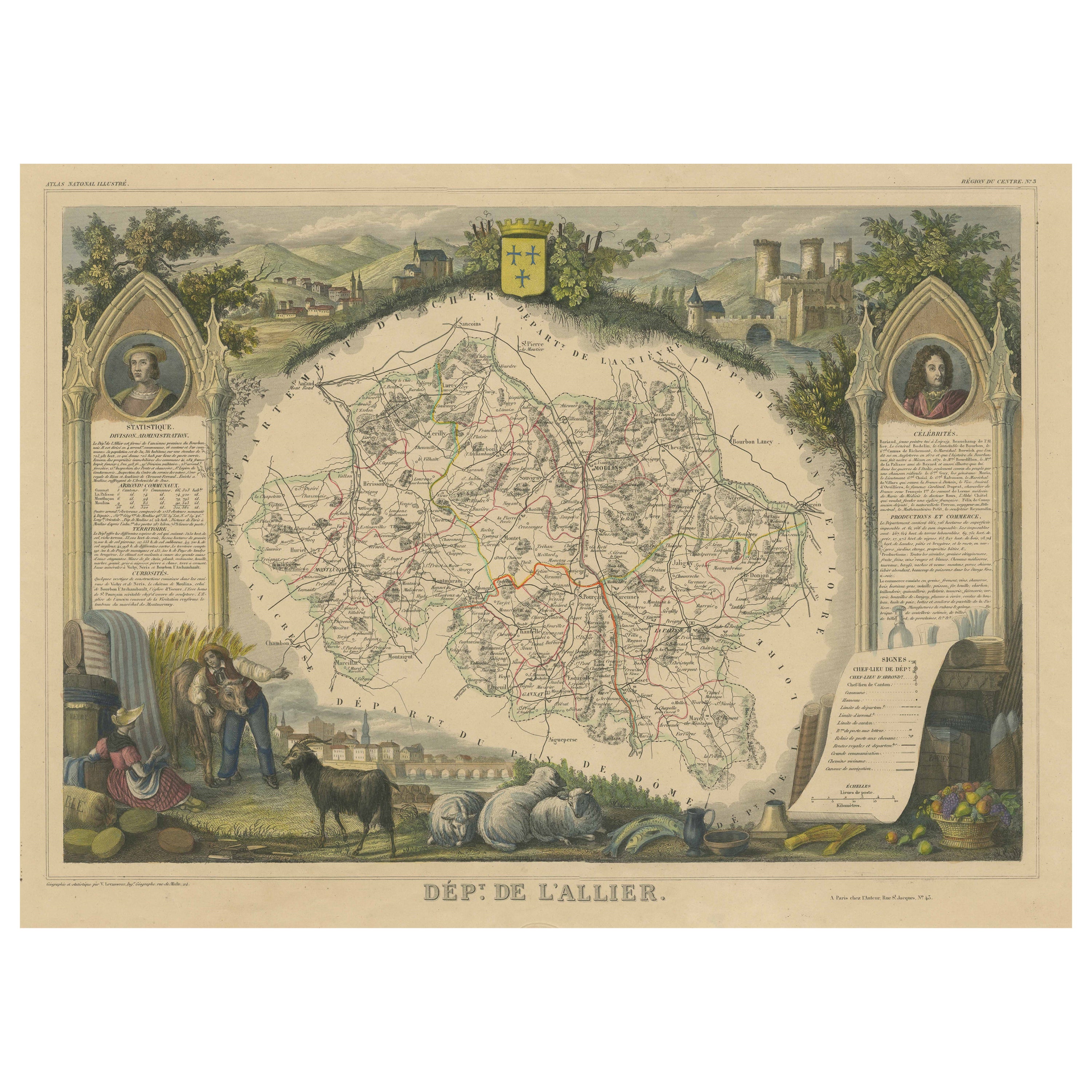 Hand Colored Antique Map of the Department of L'allier, France For Sale