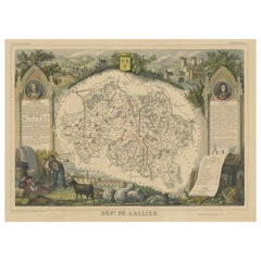 Carte ancienne colorée à la main du département de L''allier, France