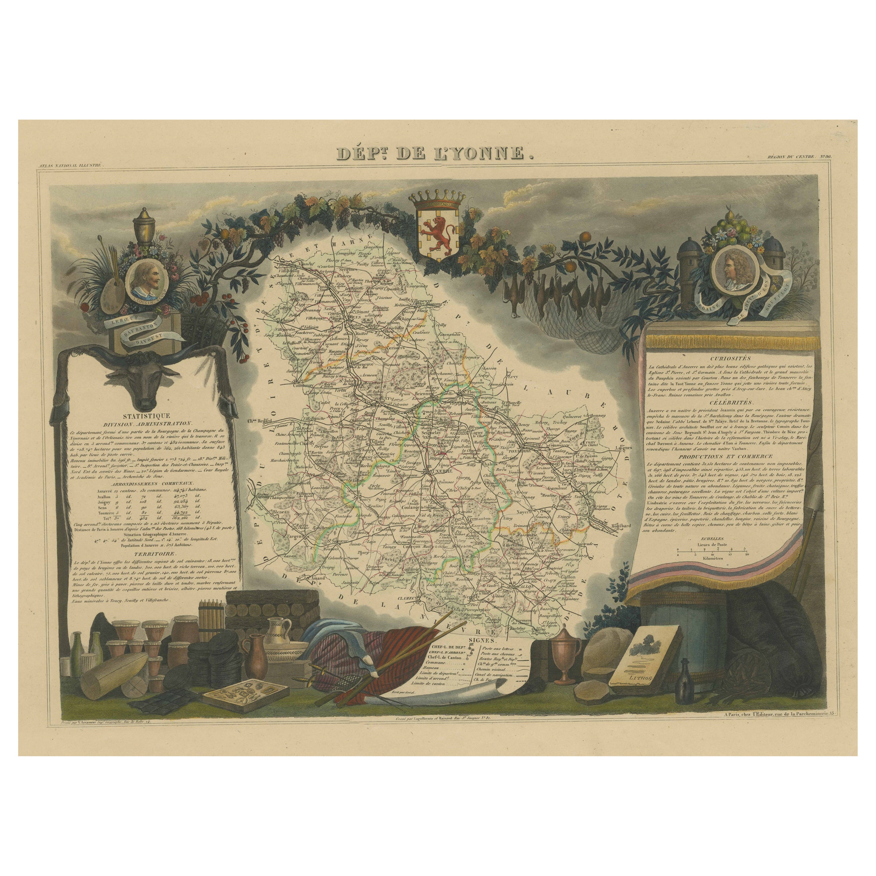 Hand Colored Antique Map of the Department of L'Yonne, France For Sale