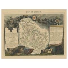 Mapa Antiguo Coloreado a Mano del Departamento de L'Yonne, Francia