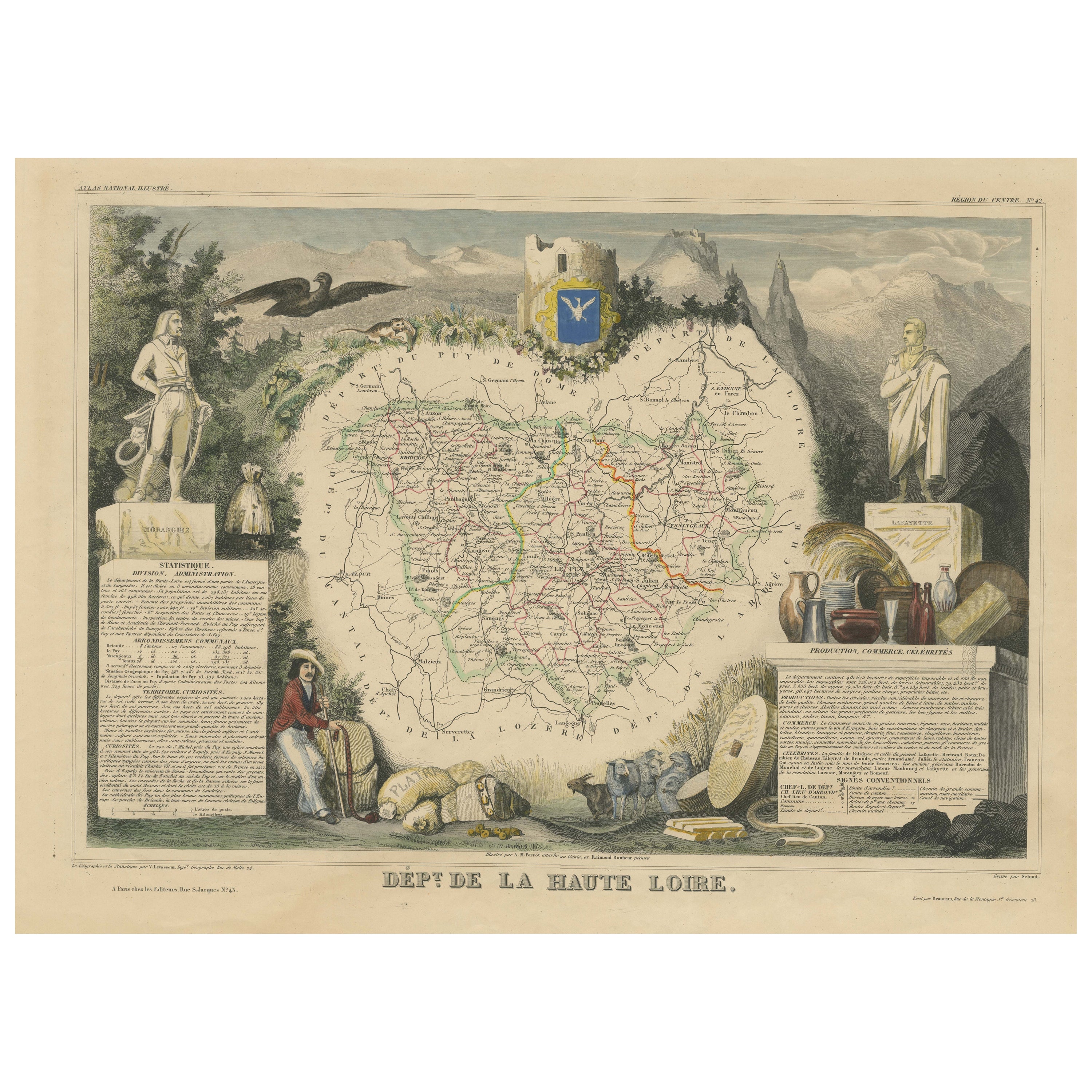 Mapa Antiguo Coloreado a Mano del Departamento del Alto Loira, Francia en venta