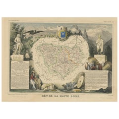 Mapa Antiguo Coloreado a Mano del Departamento del Alto Loira, Francia