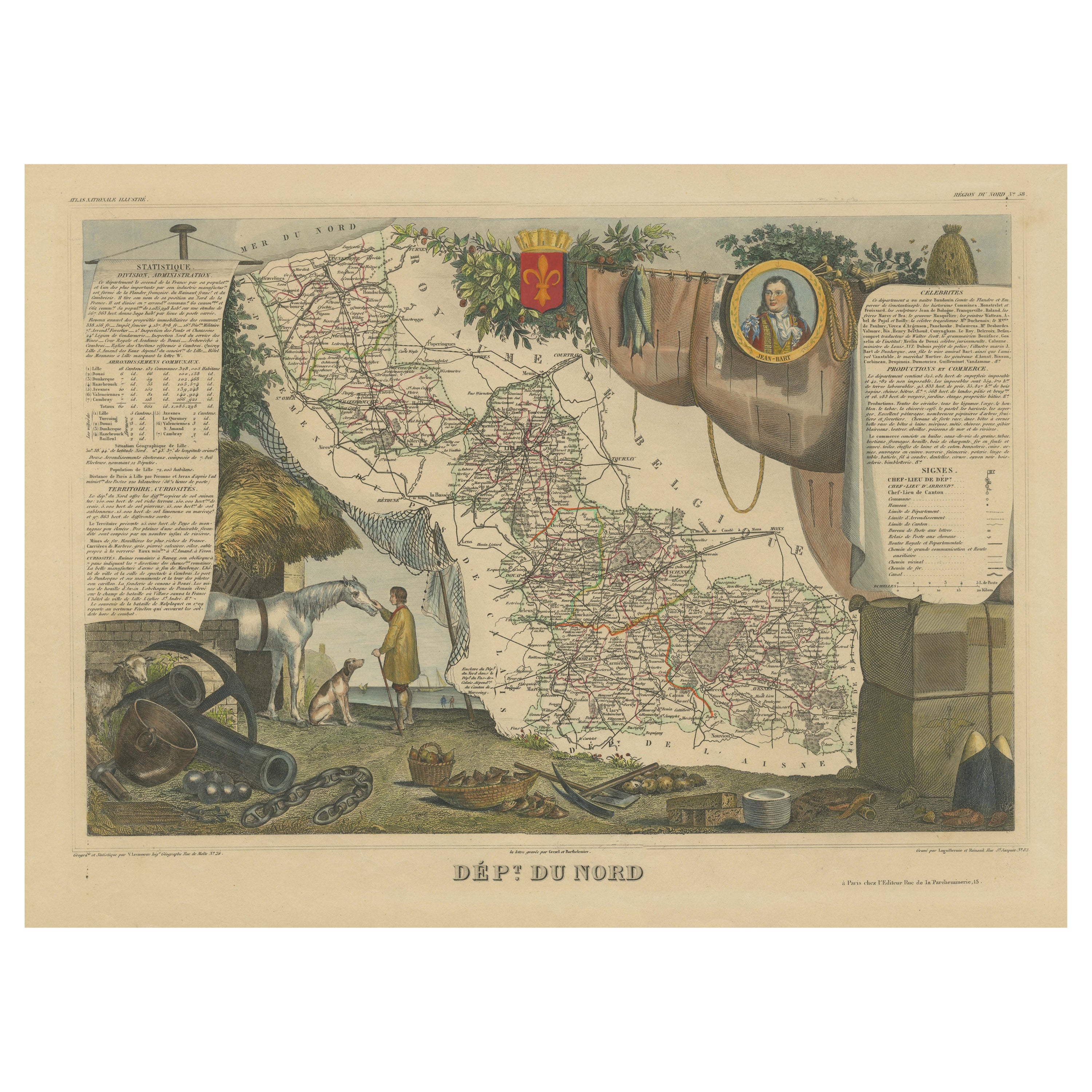 Mapa Antiguo Coloreado a Mano del Departamento del Norte, Francia