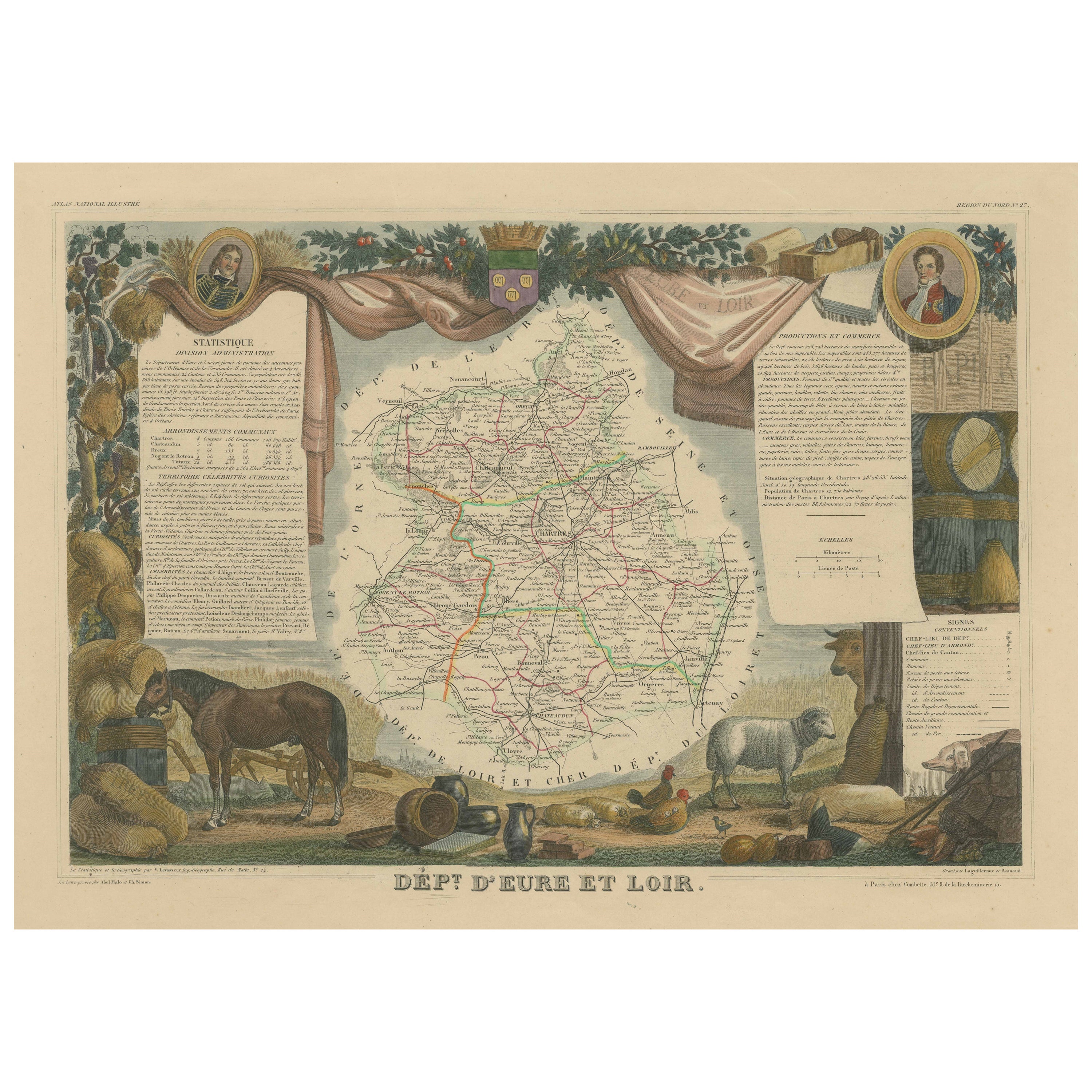 Mapa Antiguo Coloreado a Mano del Departamento de Eure-et-loir, Francia