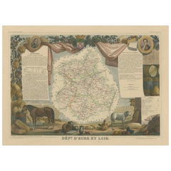 Mapa Antiguo Coloreado a Mano del Departamento de Eure-et-loir, Francia