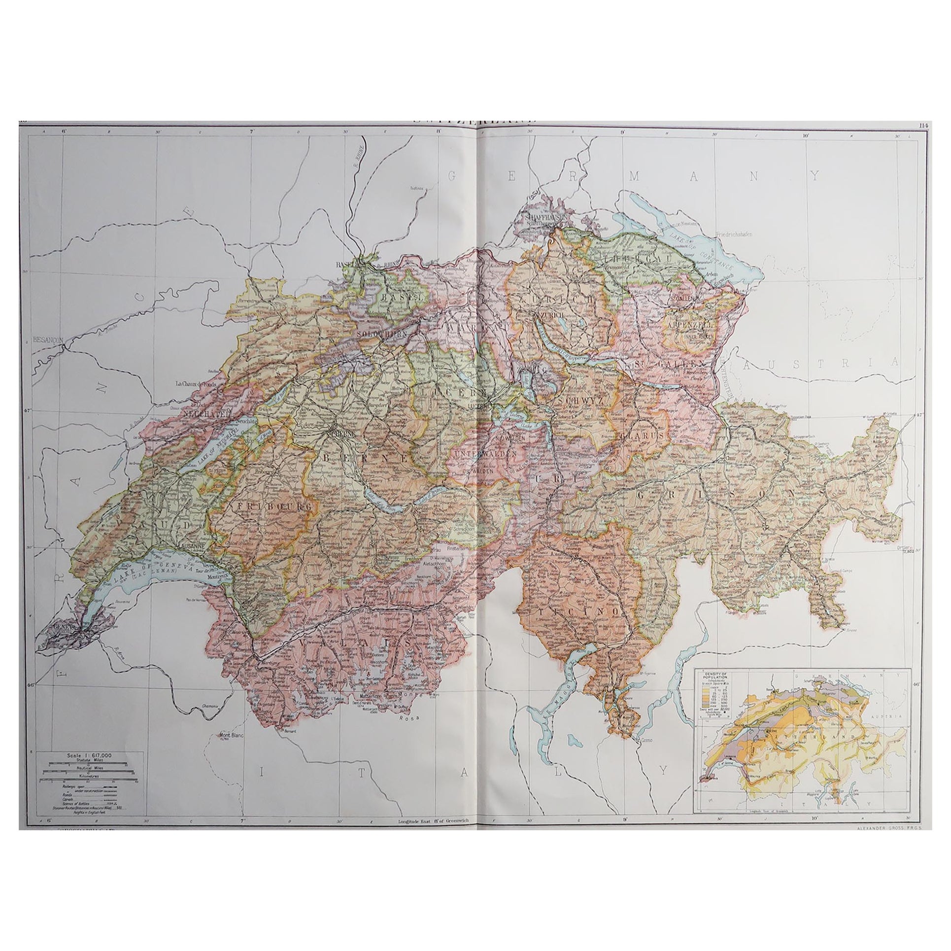 Large Original Vintage Map of Switzerland, circa 1920