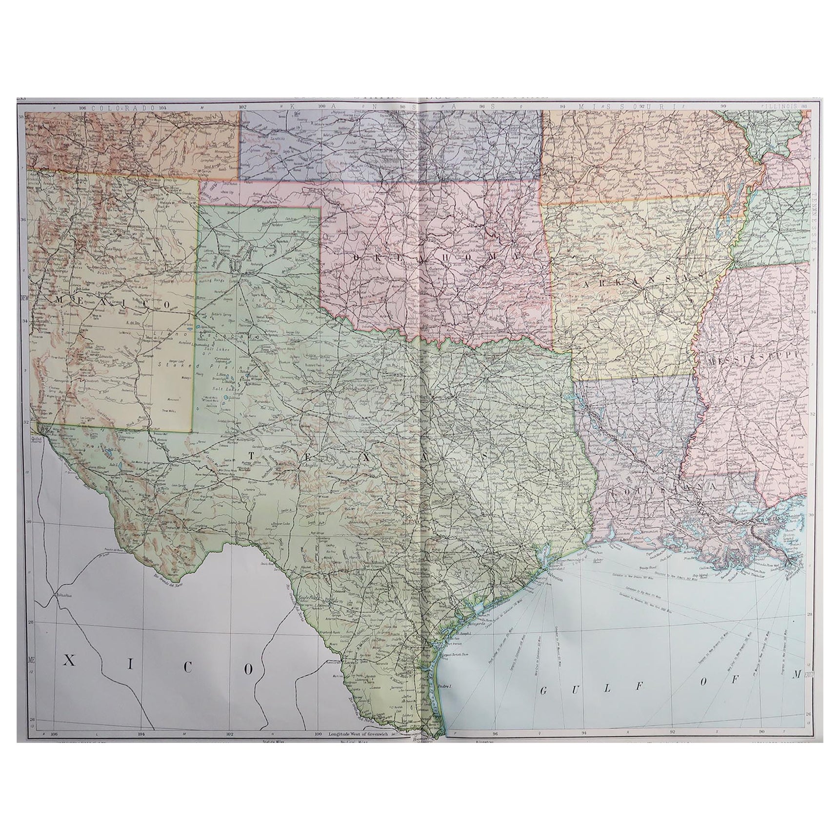 Large Original Vintage Map of Texas and Adjacent States, circa 1920
