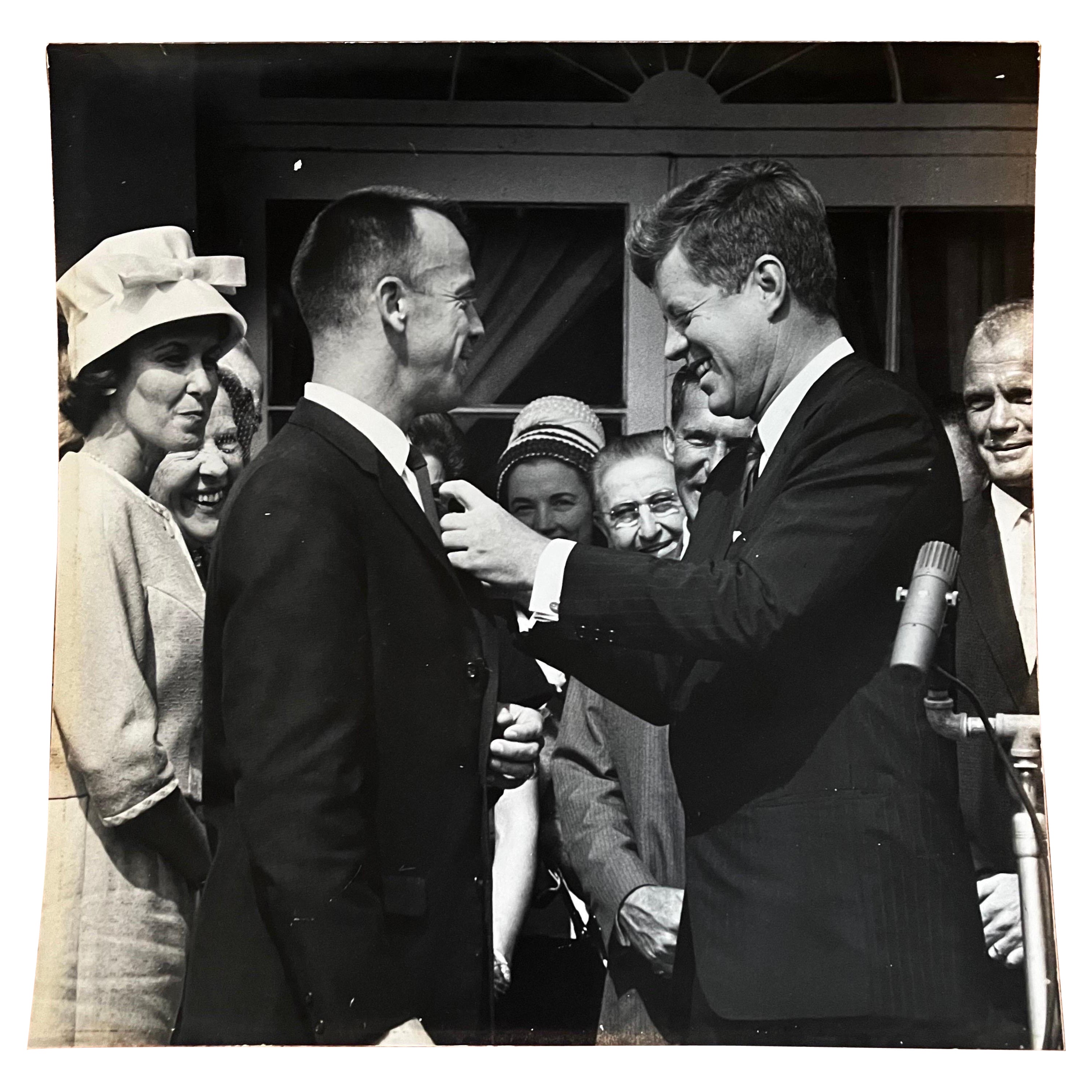 John F Kennedy b&w photo with Alan Shepard & John Glenn For Sale