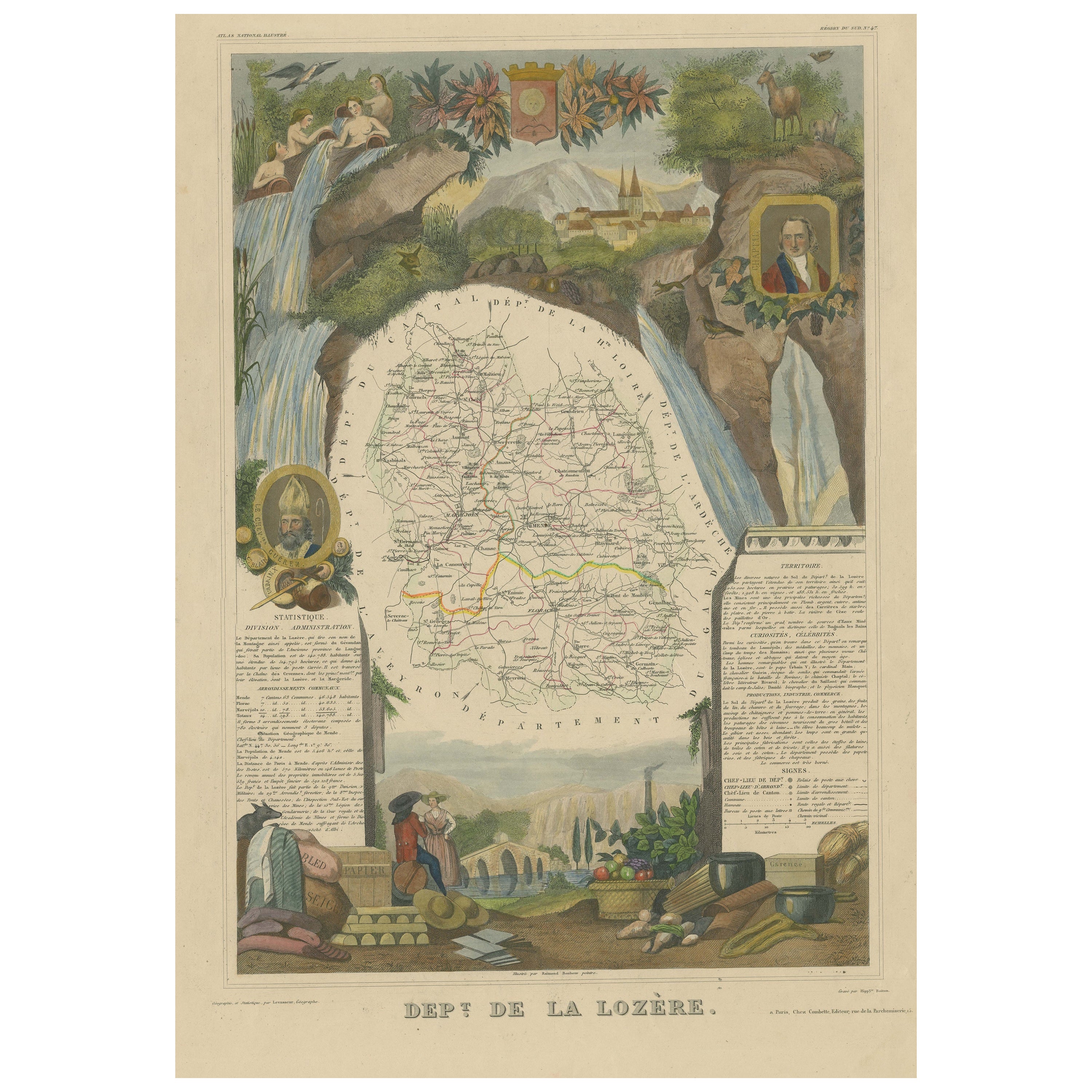Hand Colored Antique Map of the department of Lozere, France For Sale