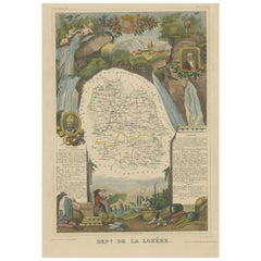 Mapa antiguo coloreado a mano del departamento de Lozere, Francia