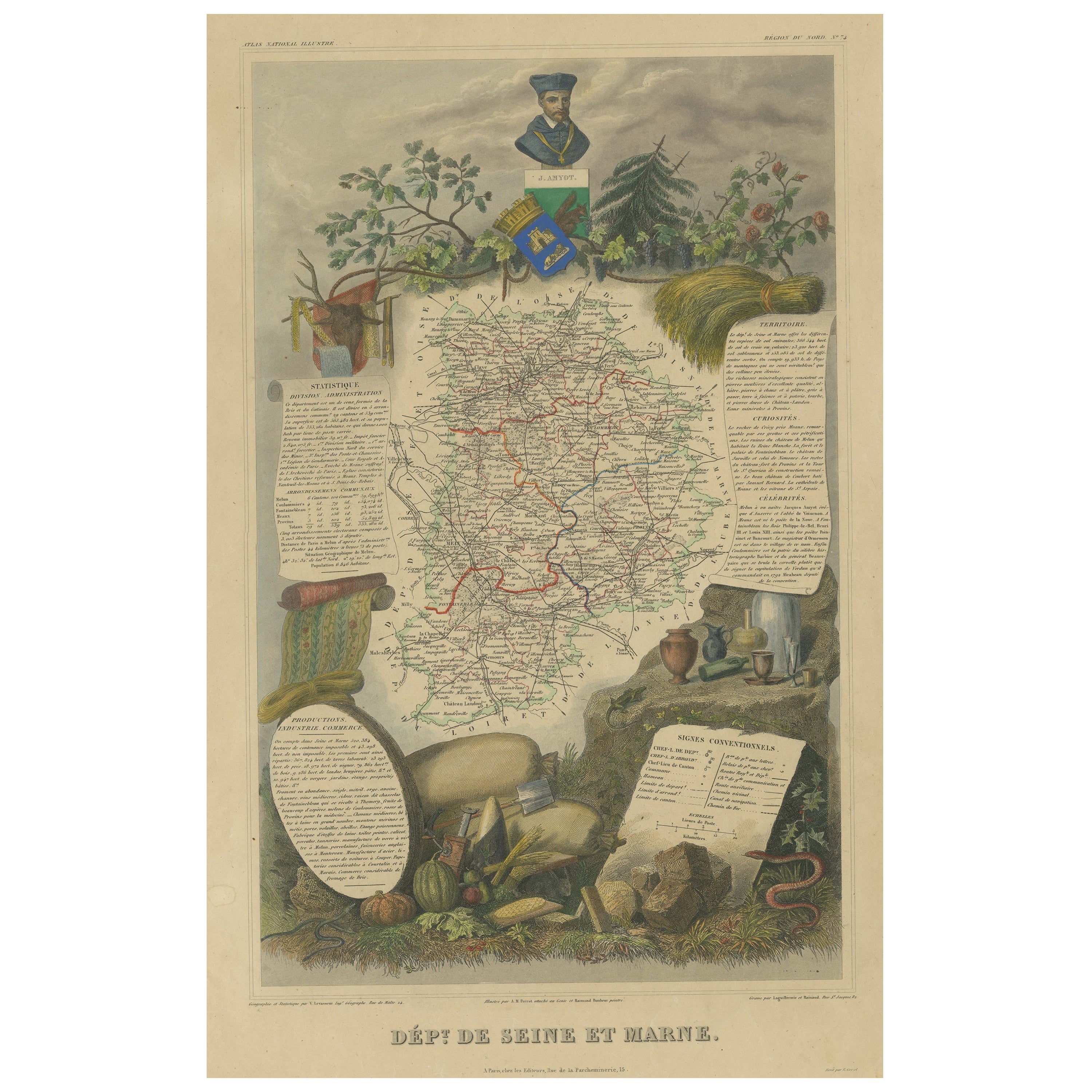 Carte ancienne colorée à la main du département de la Seine et Marne, France
