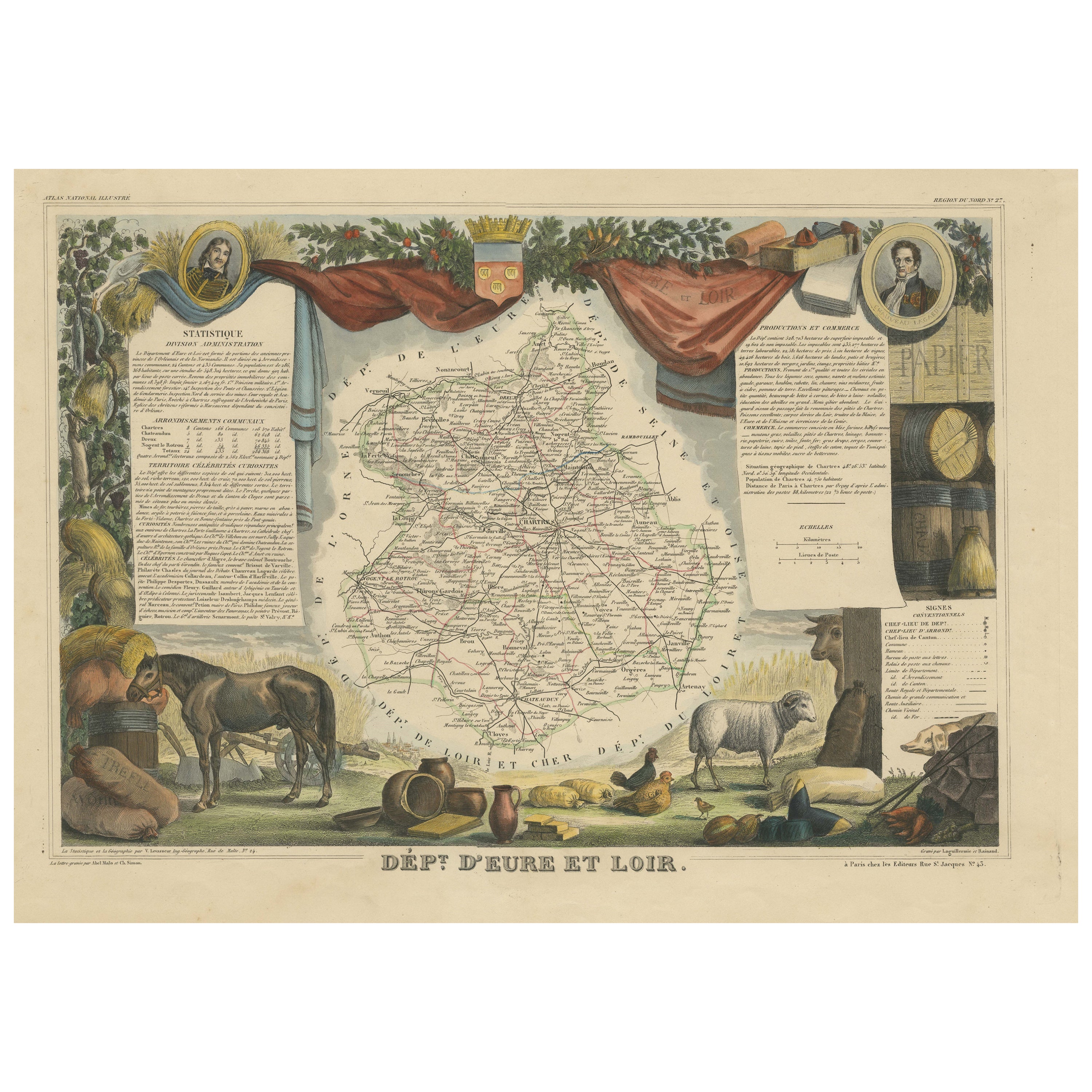 Old Map of the French Department of Eure-et-loir, France For Sale