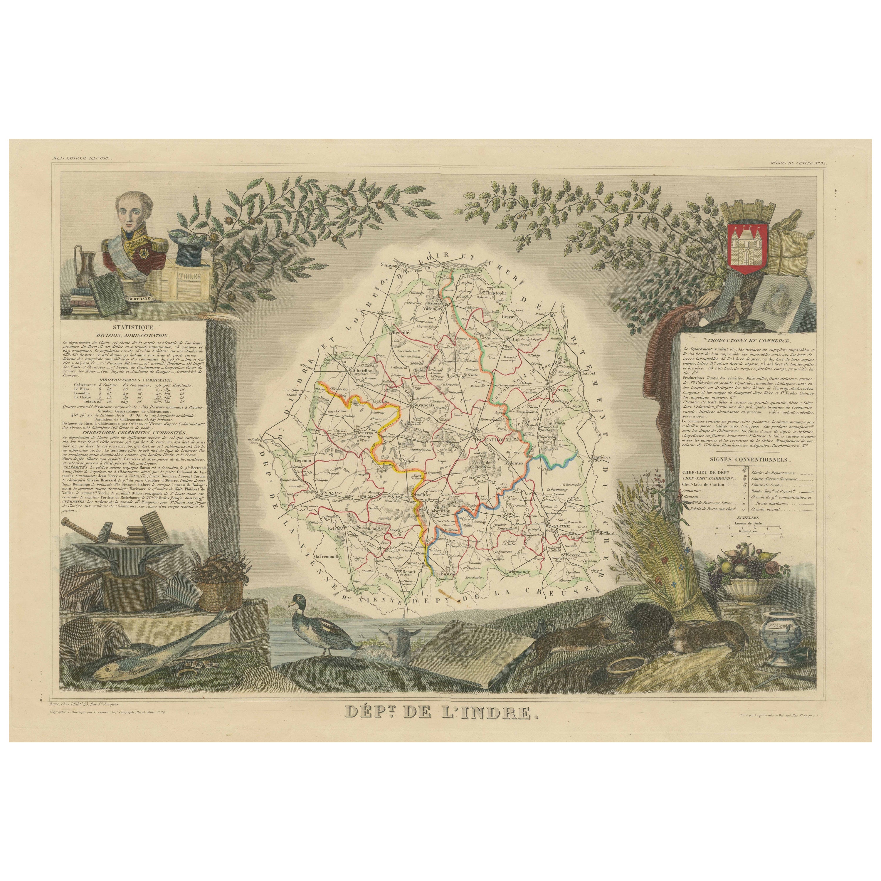 Hand Colored Antique Map of the Department of Indre, France For Sale