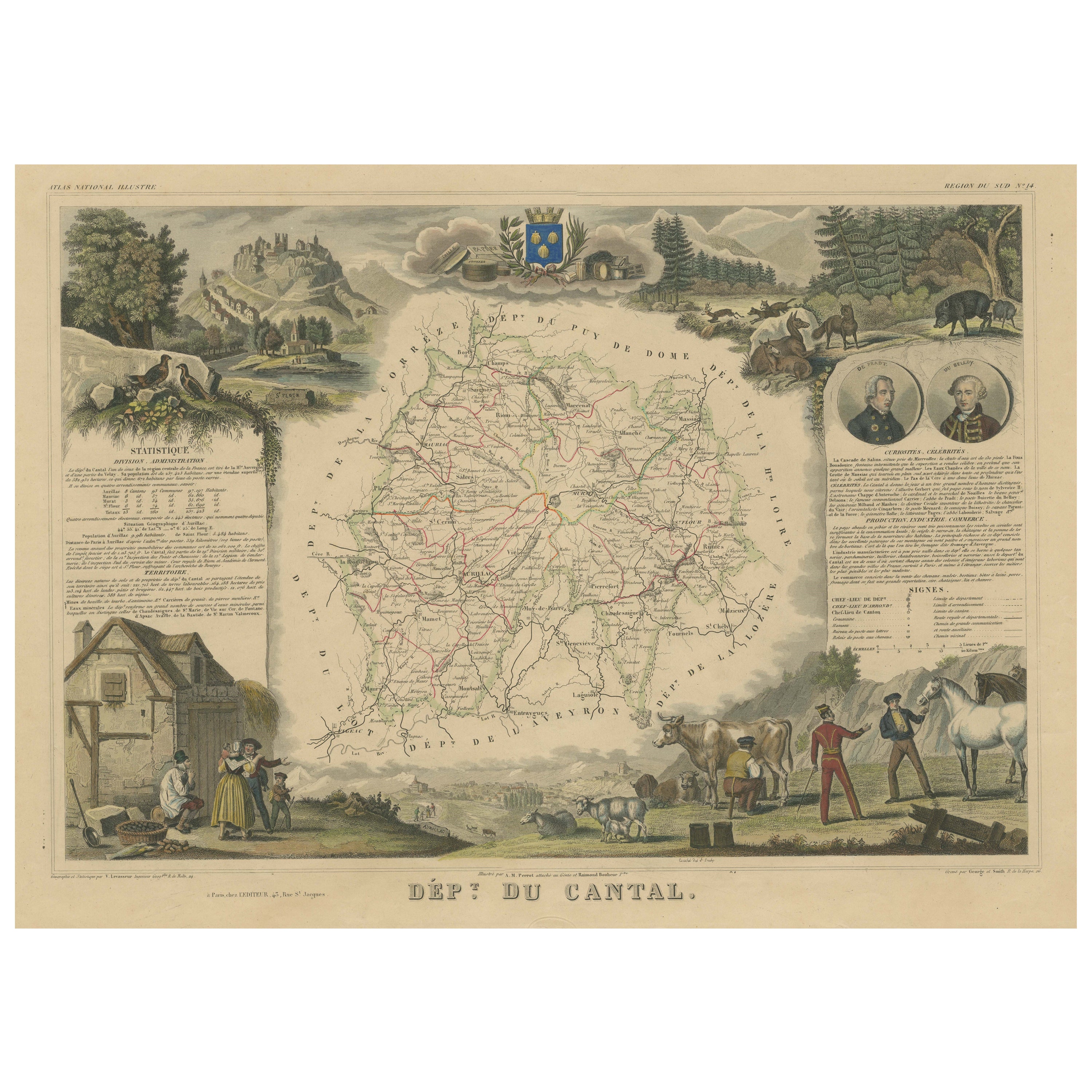 Hand Colored Antique Map of the department of Cantal, France For Sale