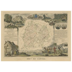 Mapa antiguo coloreado a mano del departamento de Cantal, Francia