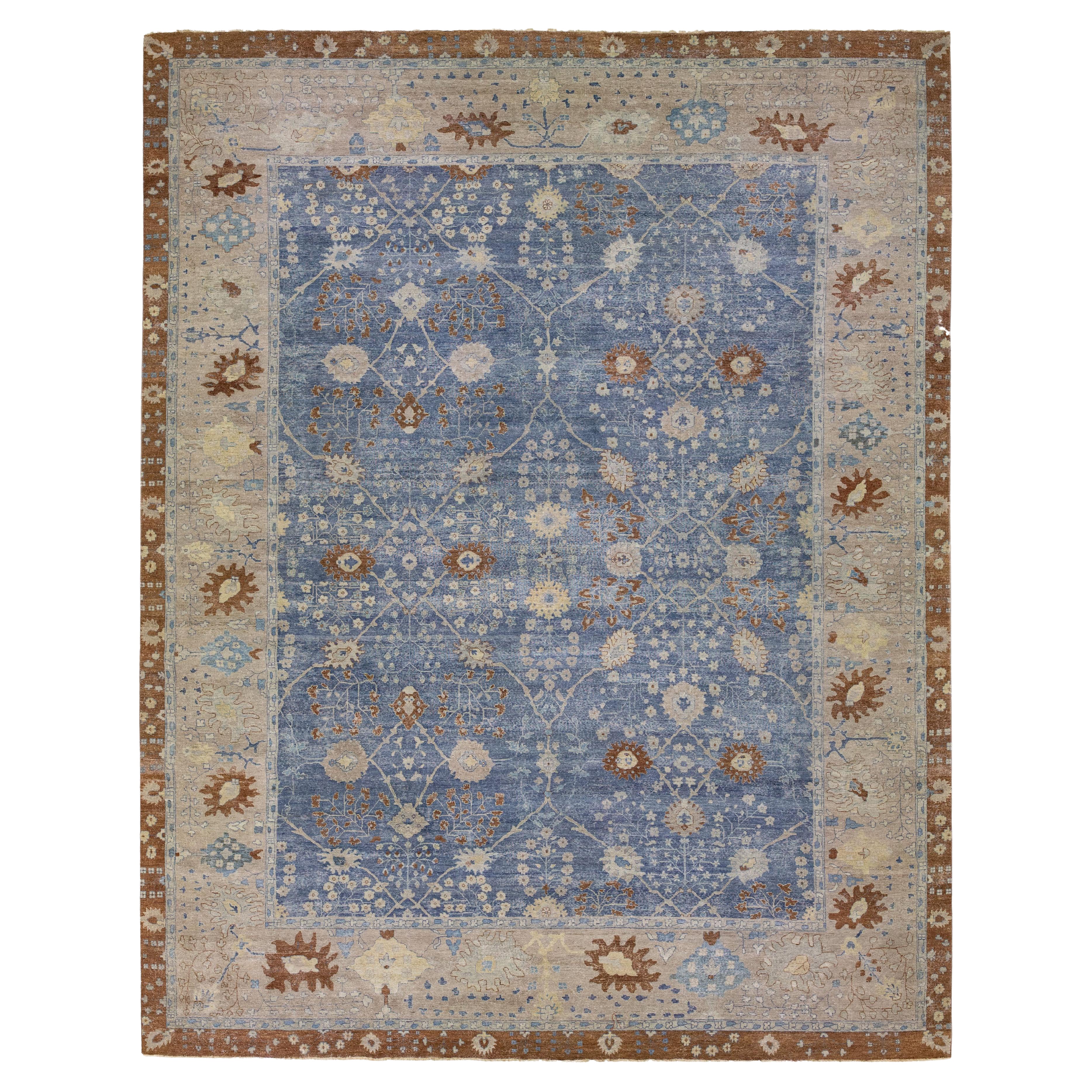 Alfombra de Lana Floral Azul Hindú Moderna Hecha a Mano en venta