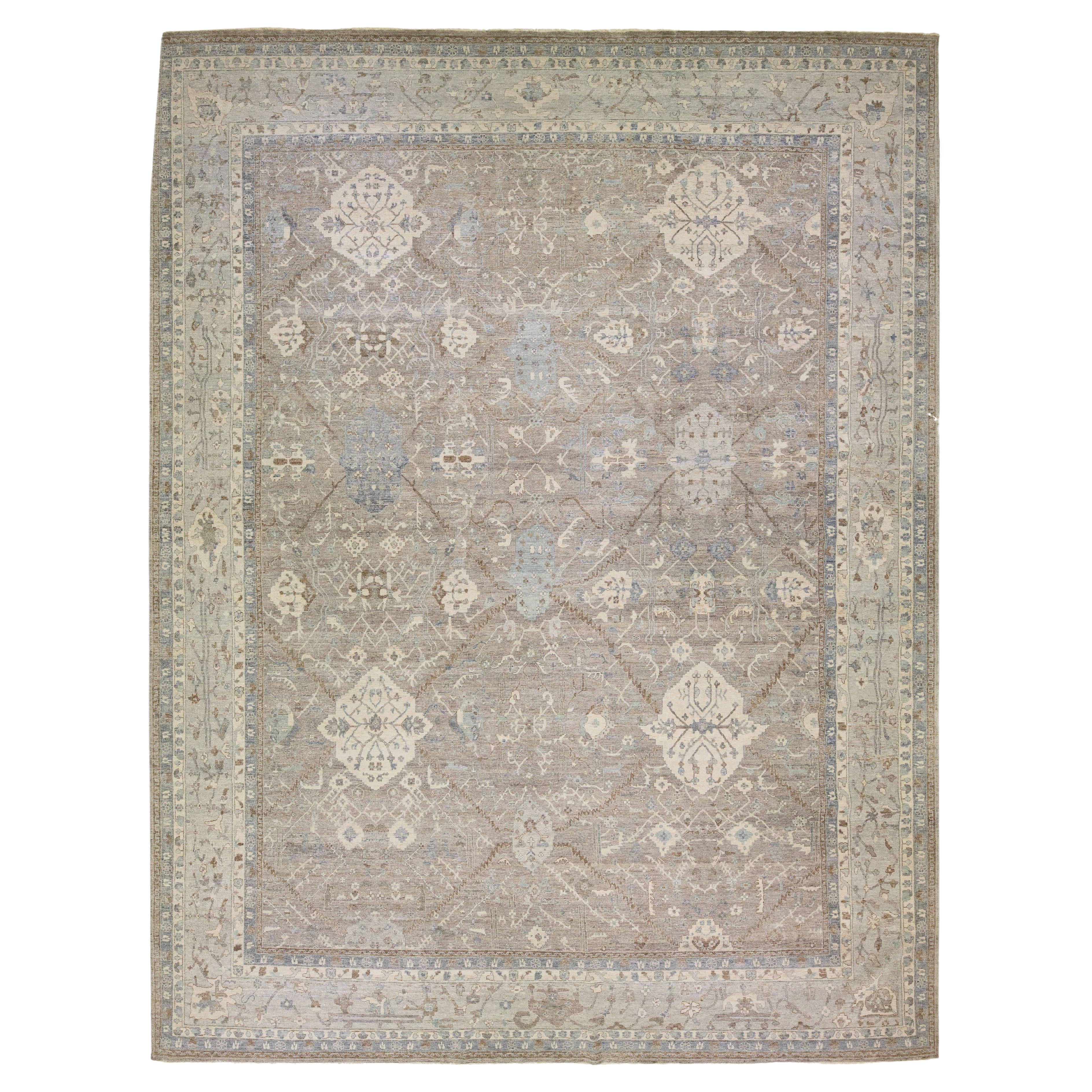 Gray Modern Tabriz Handmade Floral Indian Wool Rug By Apadana