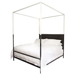 Two Tone Iron Canopy Bed with Linen Headboard, King