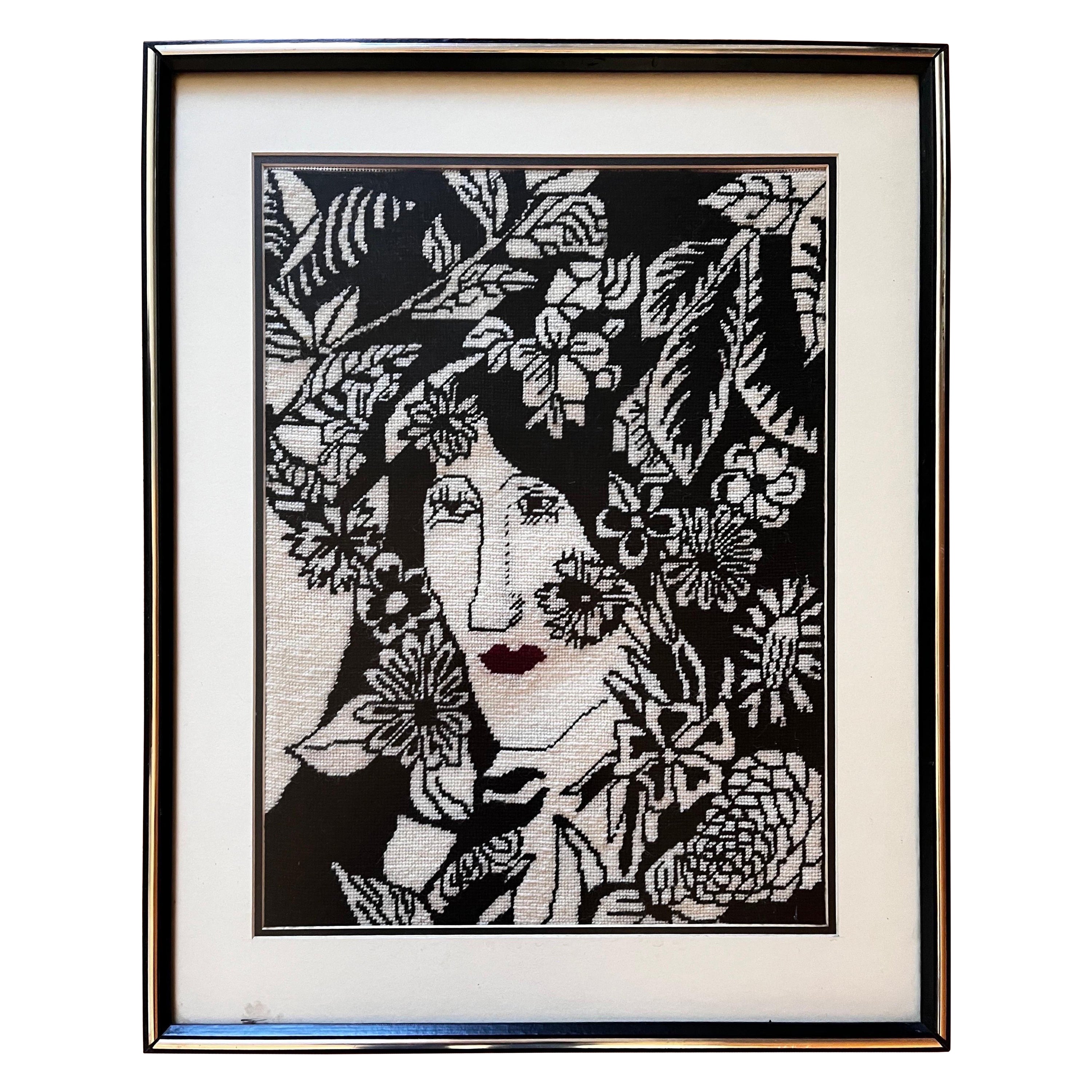 Black and White Portrait in Needlepoint For Sale