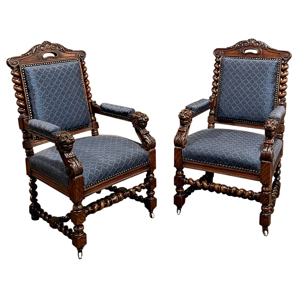 Pair 19th Century French Renaissance Barley Twist Armchairs ~ Fauteuils For Sale