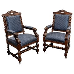 Paire de fauteuils à torsion d'orge French Renaissance du 19ème siècle ~ Fauteuils