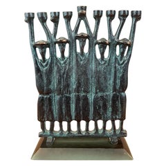 Brutalist Figurative Rabbi Menorah in Bronze by Ruth Bloch / Block