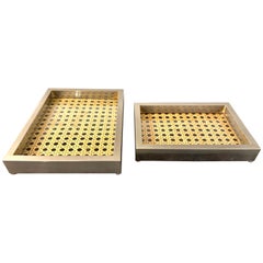 Pair of Vintage Italian Tray Boxes with Inset Wicker and Glass Base