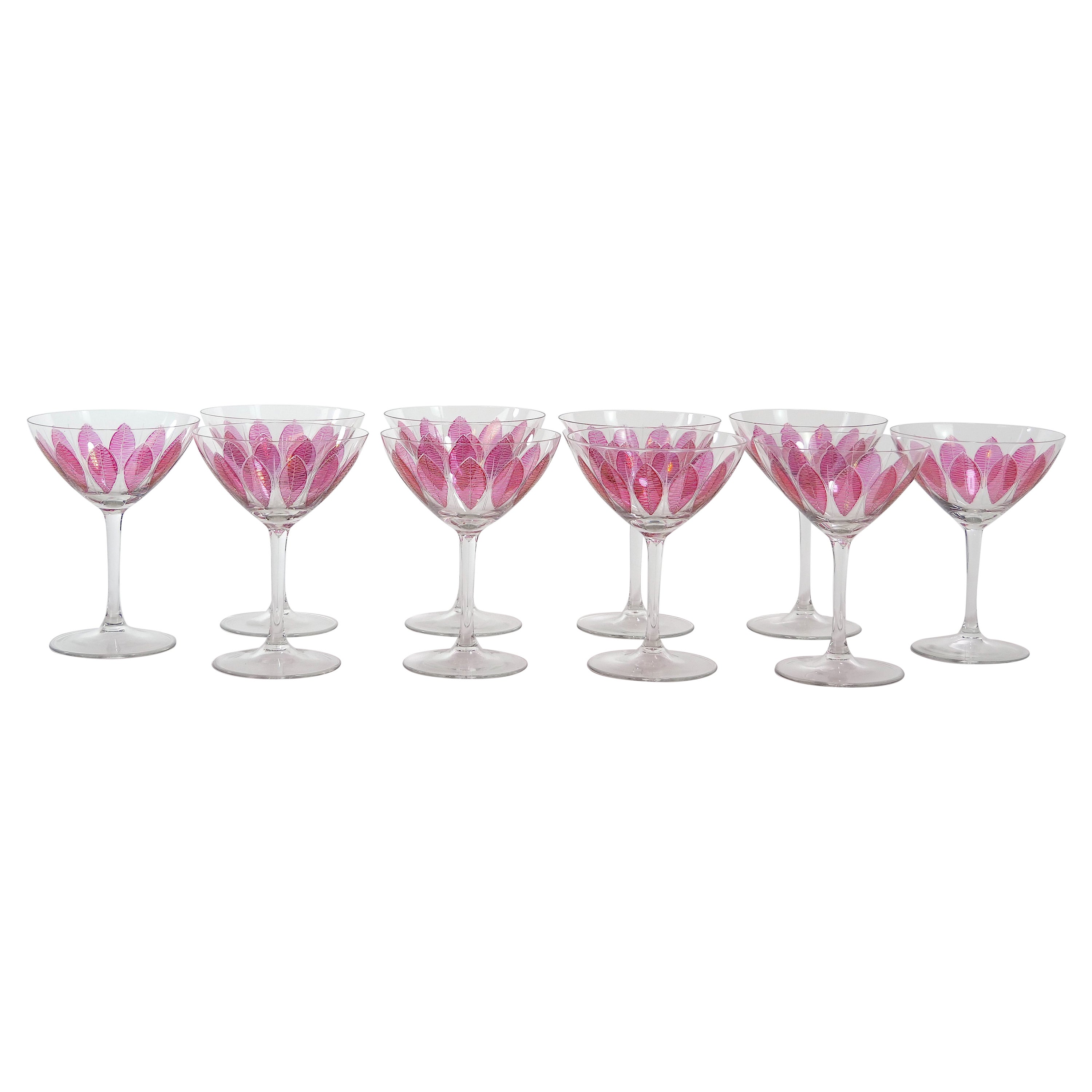 Hand Painted Crystal Champagne Coupe Service / Ten People For Sale