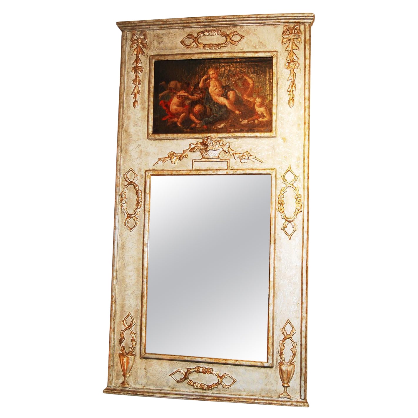 French Louis XVI Painted Trumeau Mirror with Classic Oil Painting on Canvas For Sale