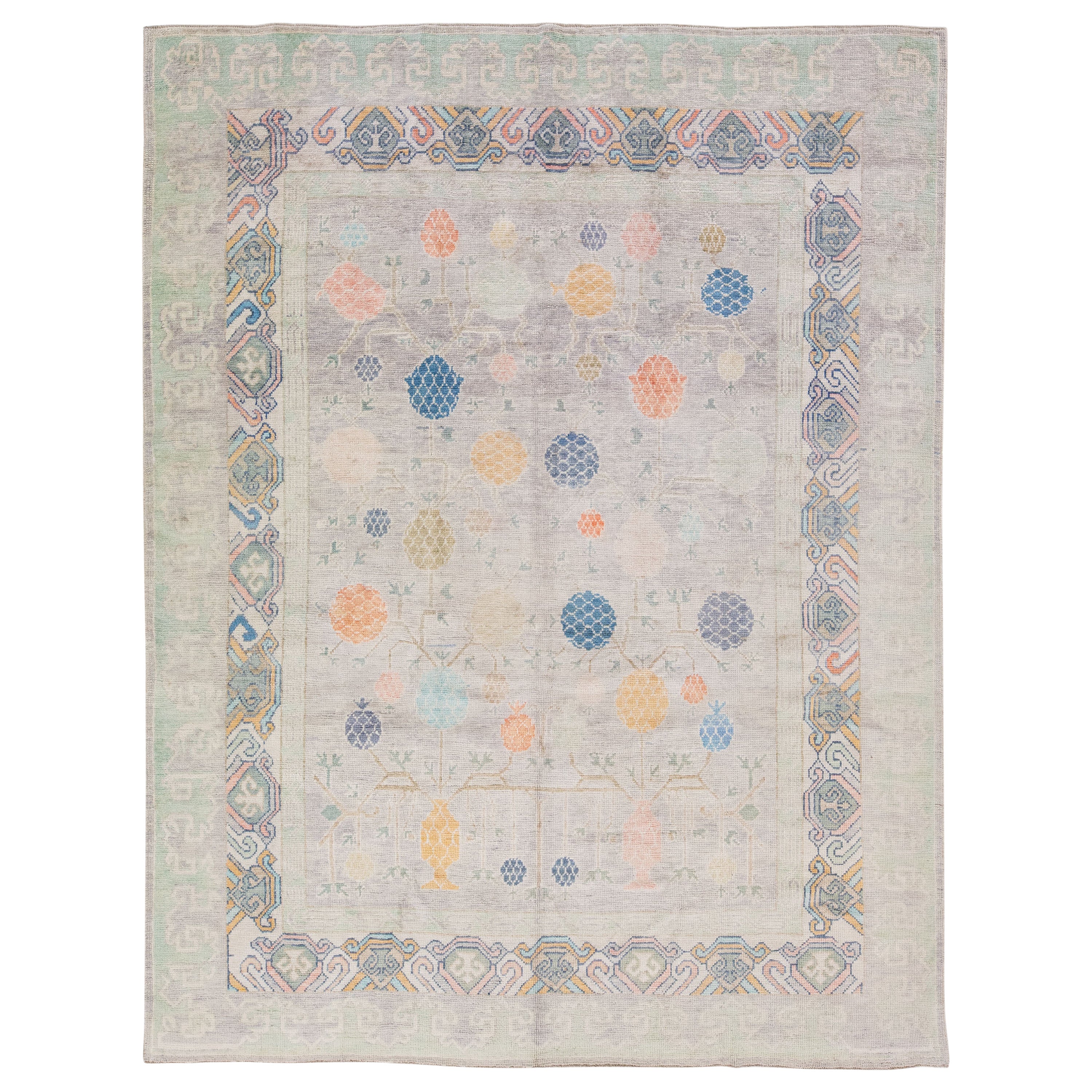 Modern Khotan Style Gray Handmade Wool Rug With Multicolor Pattern For Sale
