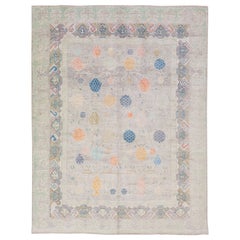 Modern Khotan Style Gray Handmade Wool Rug With Multicolor Pattern