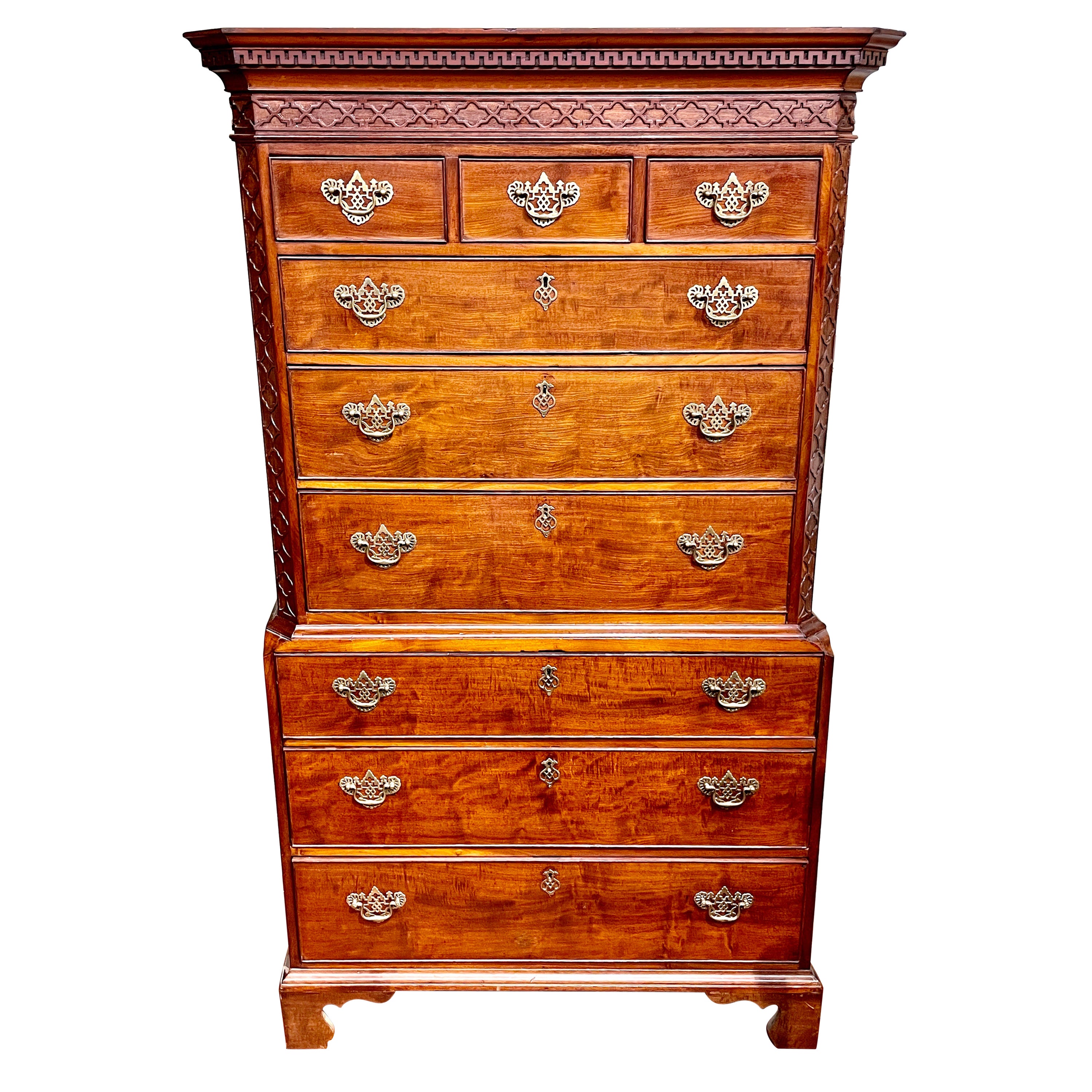 Finest Antique English Geo. III Figured Mahogany Chippendale Chest on Chest